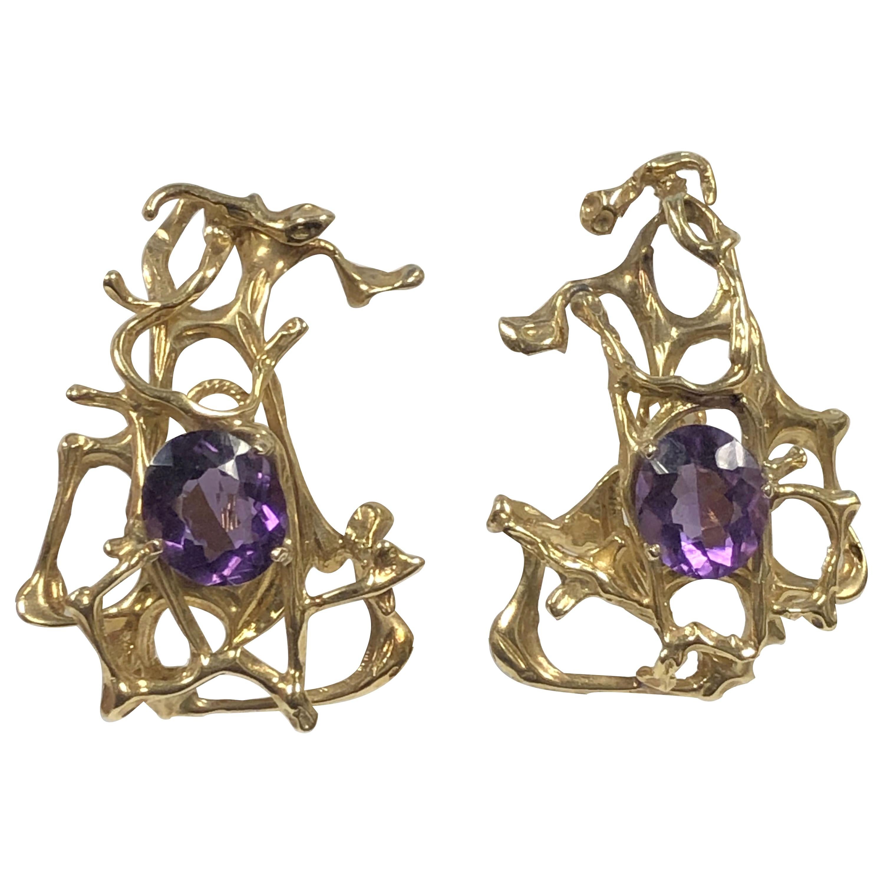 Ilias Lalaounis Large Mid Century Brutalist Gold and Amethyst Earrings