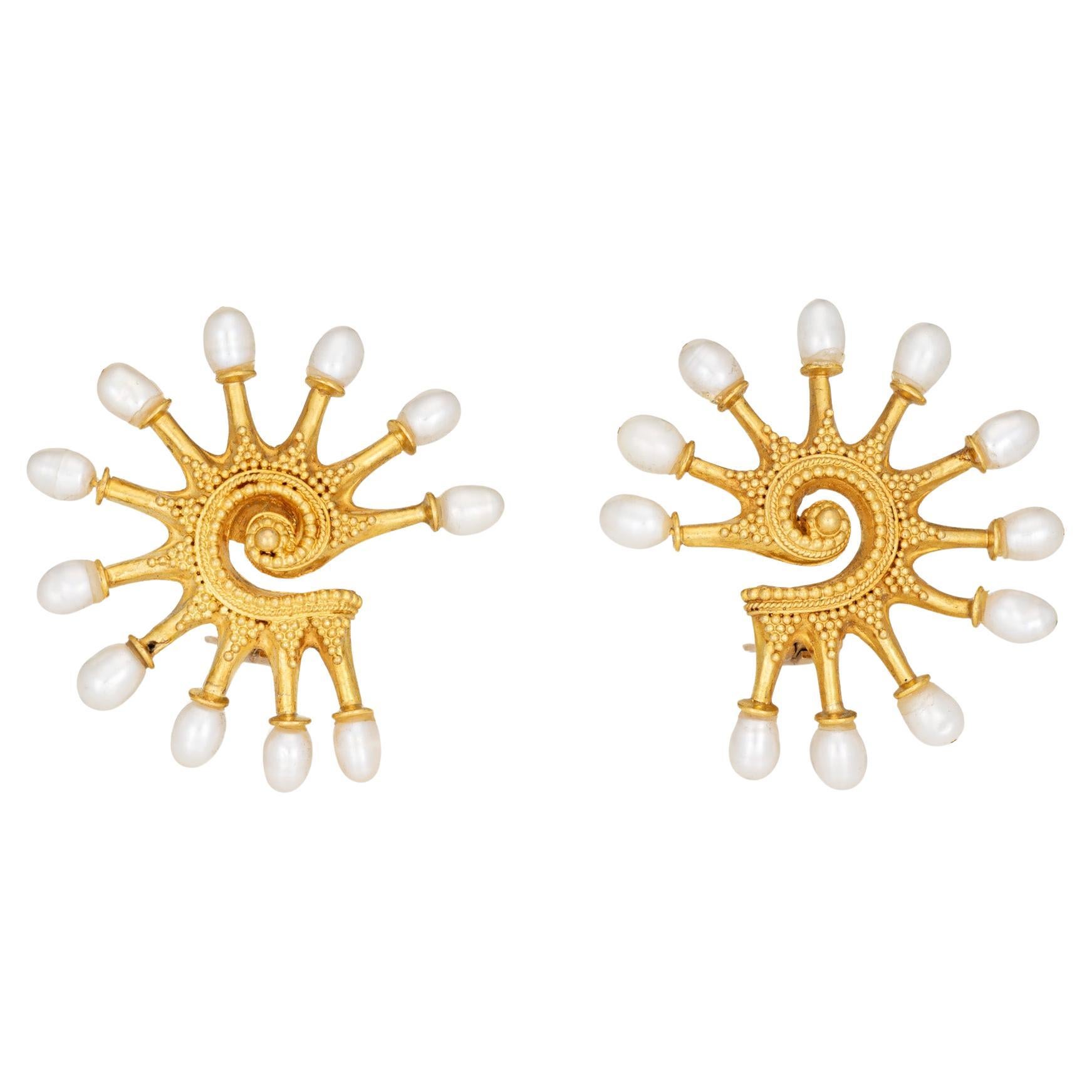 Ilias Lalaounis Pearl Earrings Large 1.50" Vintage 18k Gold Byzantine Jewelry