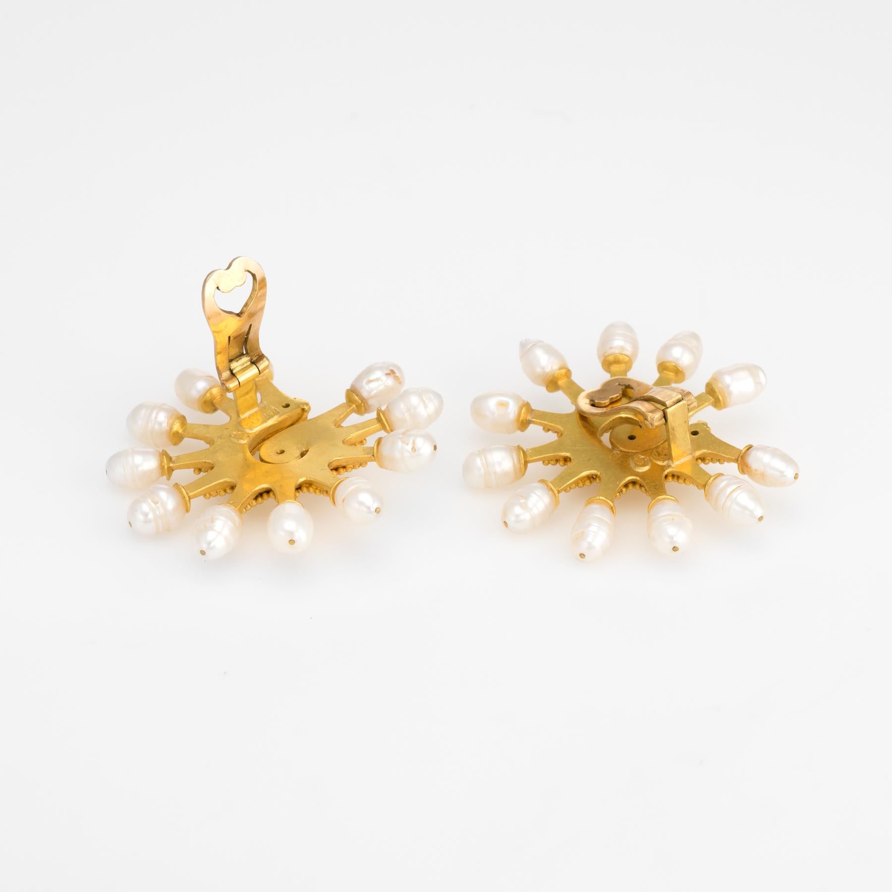 Elegant & finely detailed pair of estate Ilias Lalaounis earrings, crafted in 18 karat yellow gold. 

The earrings are set with a spoke wheel of glossy freshwater pearls measuring (average) 7mm x 5mm. The pearls are well matching with light