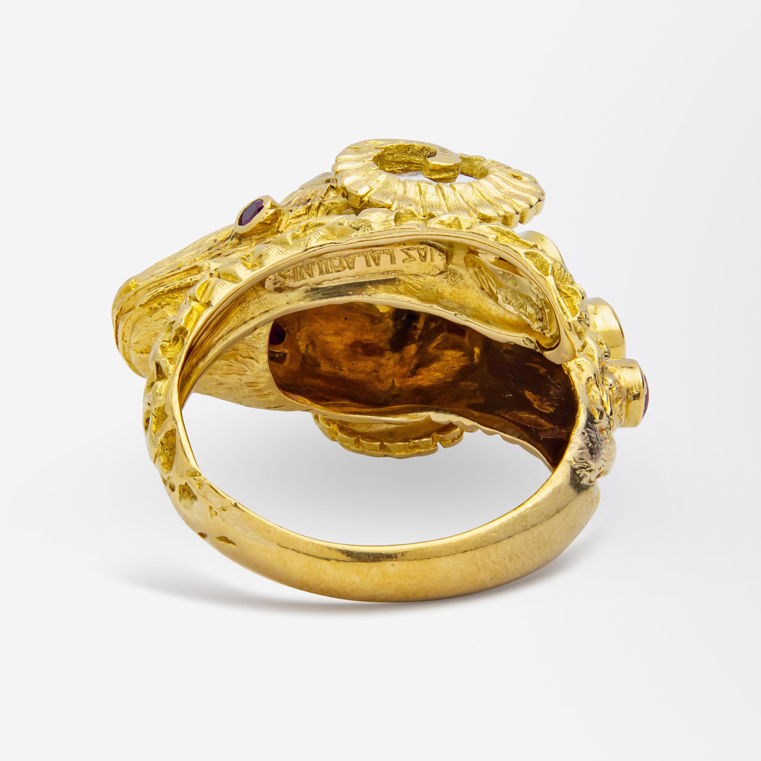 Women's or Men's Ilias Lalaounis Ram Head Ring in 18 Karat Yellow Gold For Sale