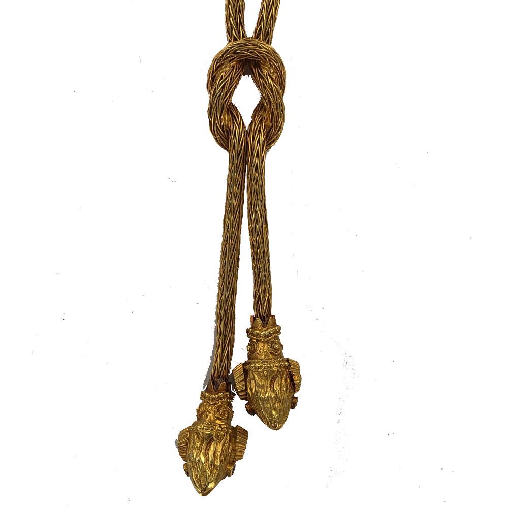 Round Cut Ilias Lalaounis Ram's Head Lariat Knot Drop Woven 18 Karat Gold Necklace