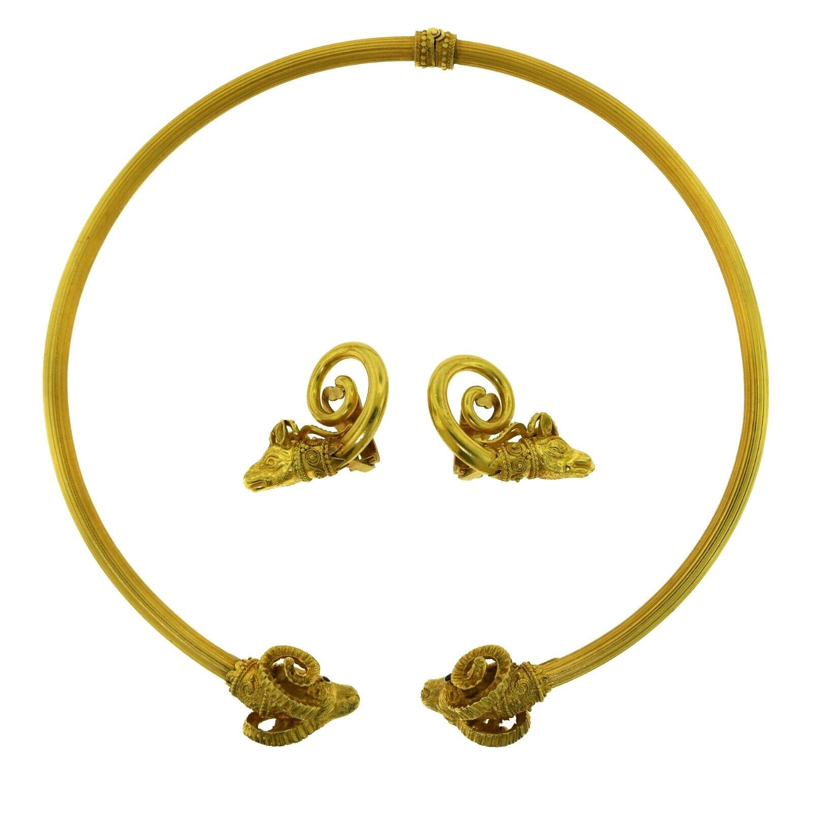 Ilias Lalaounis Rams Head Yellow Gold Collar Necklace and Earring Two Piece Set