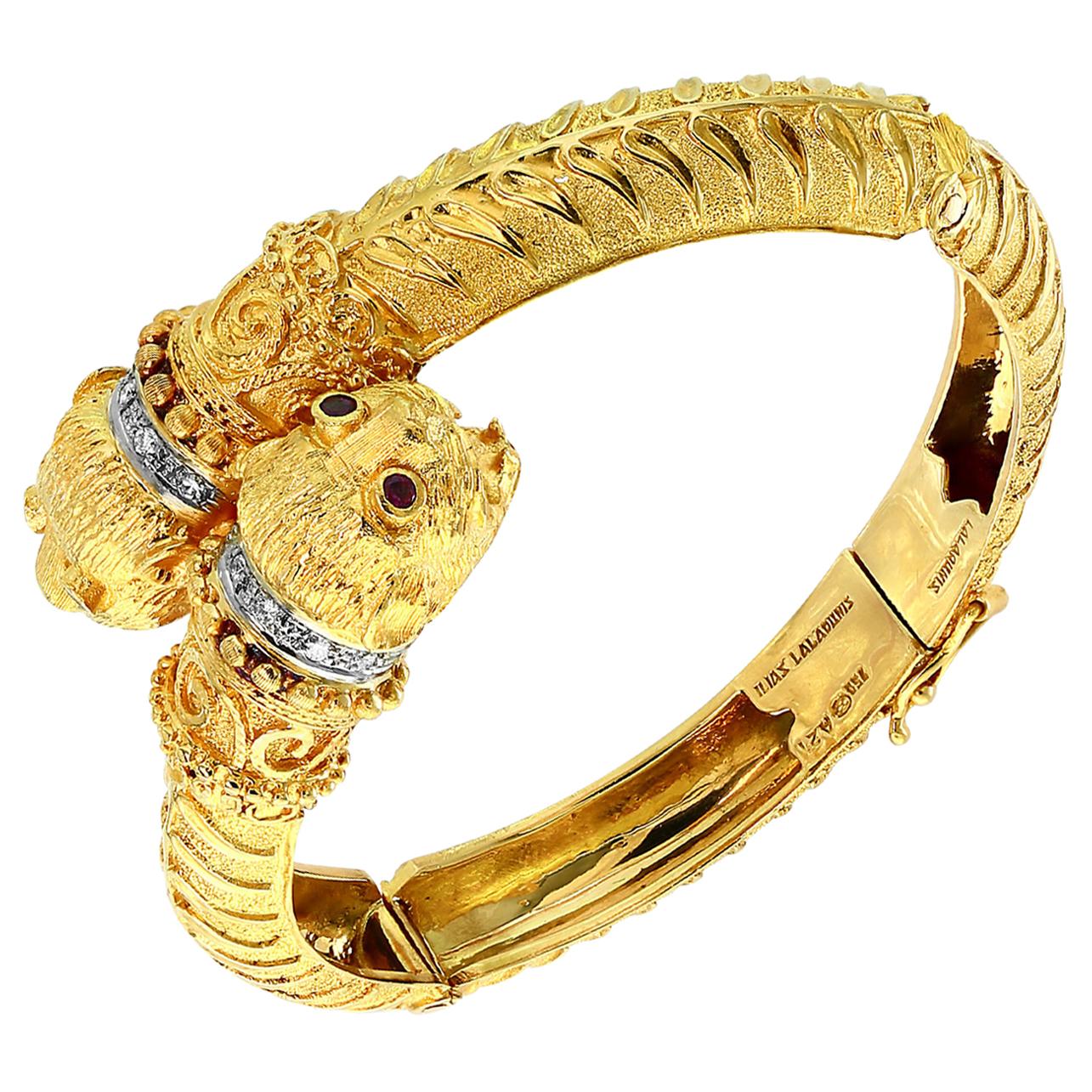 Ilias Lalaounis Ruby & Diamond Chimera Bangle Bracelet 18 K Yellow Gold 57 Gram