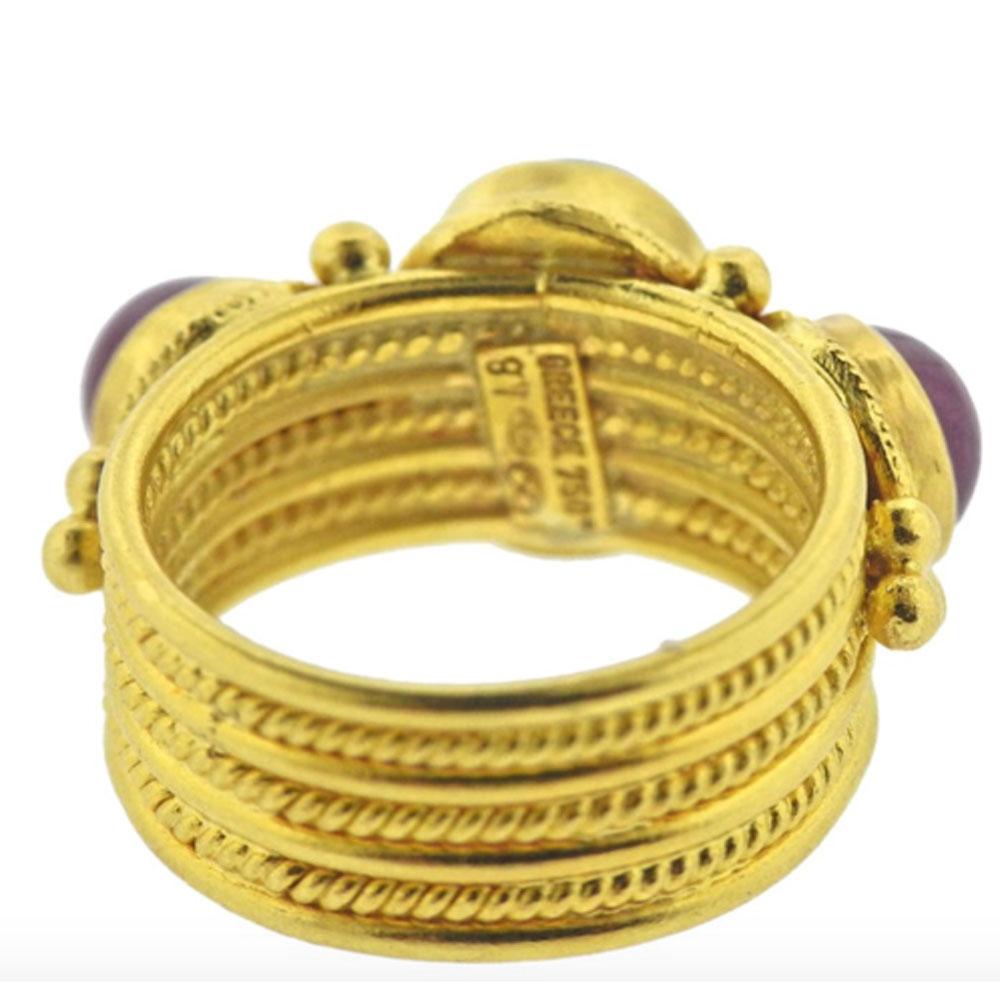 Round Cut Ilias Lalaounis Ruby Emerald 22 Karat Yellow Gold Band Ring