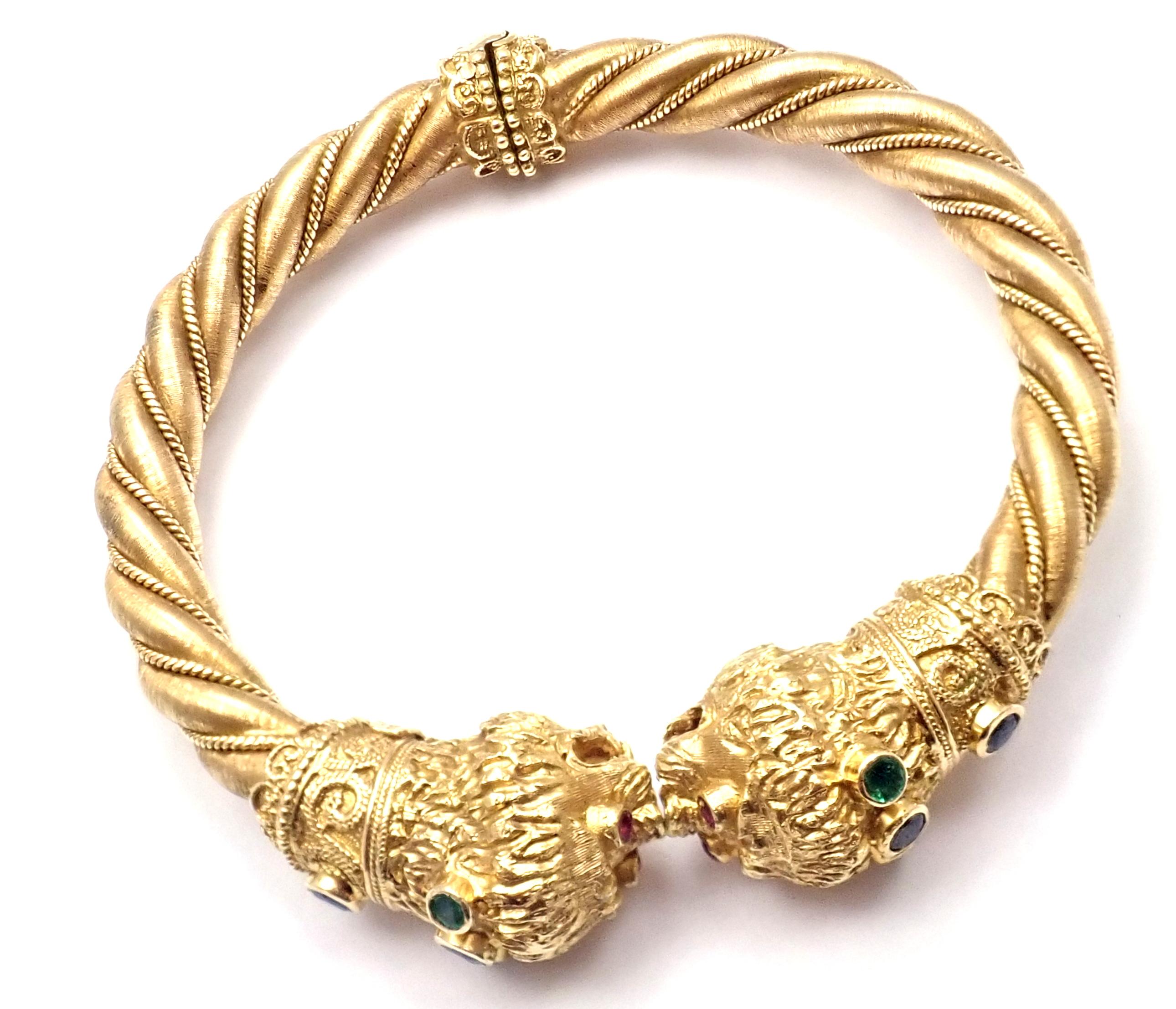 Women's or Men's Ilias Lalaounis Sapphire Emerald Ruby Chimera Yellow Gold Bangle Bracelet