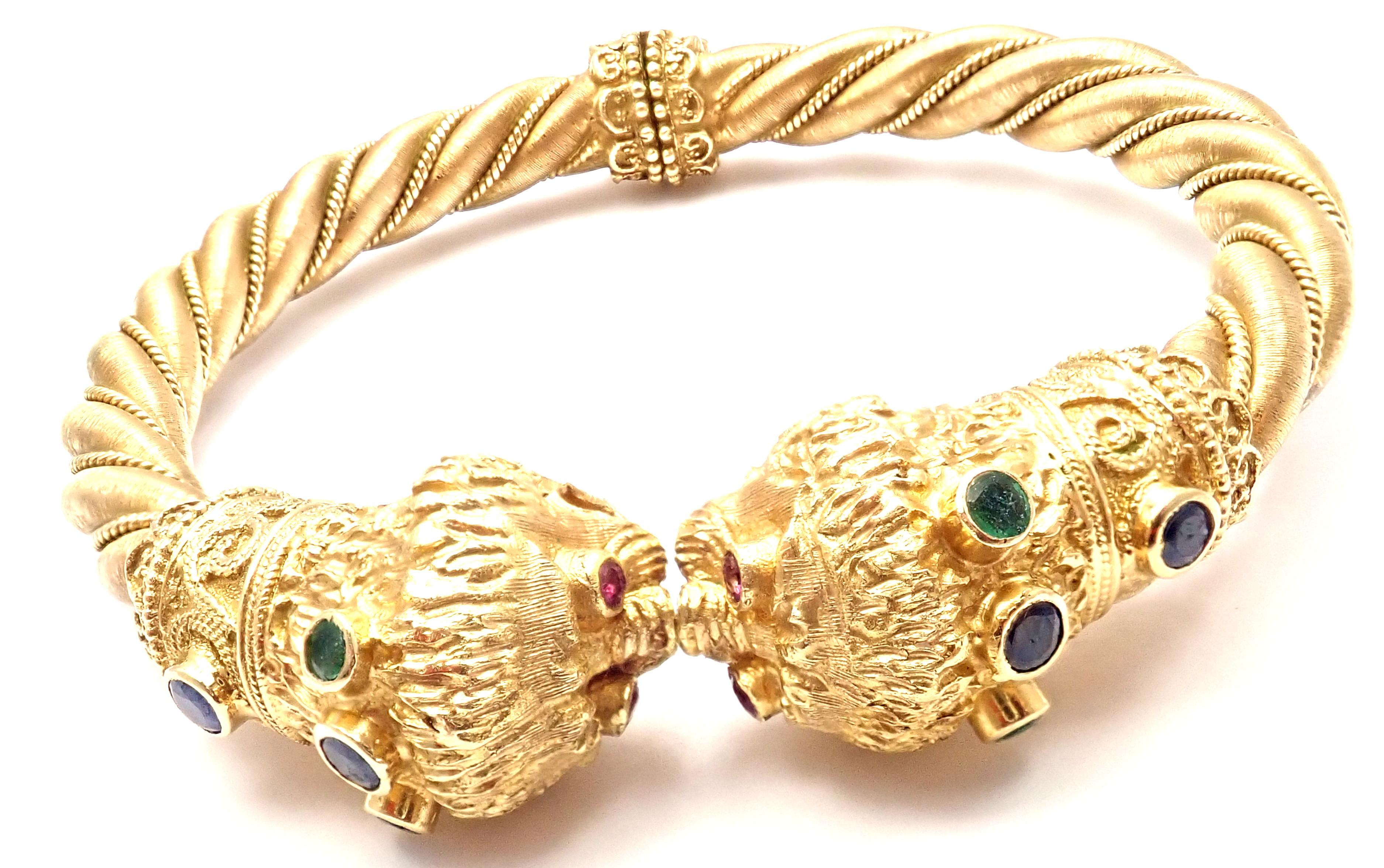 Ilias Lalaounis Sapphire Emerald Ruby Chimera Yellow Gold Bangle Bracelet 2