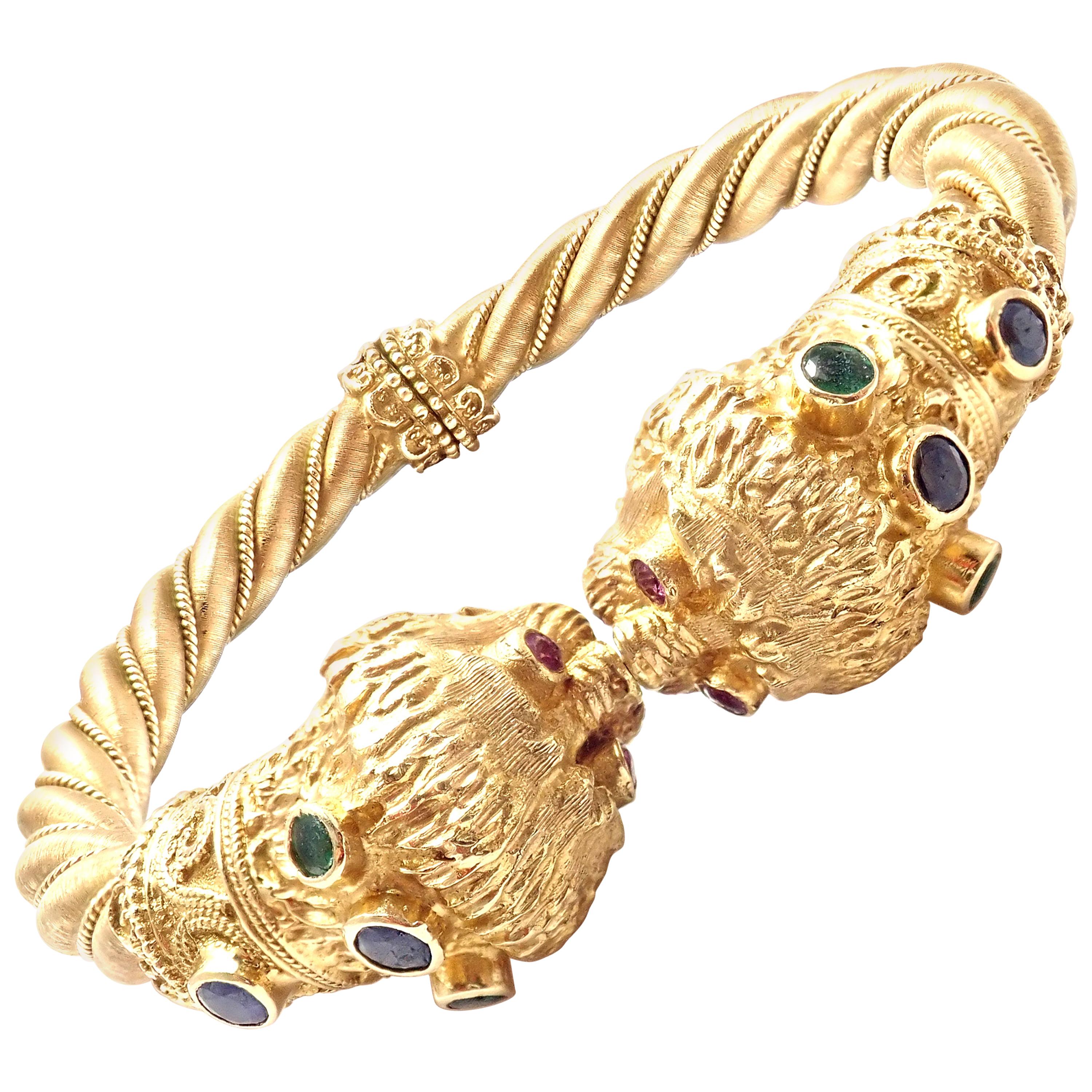 Ilias Lalaounis Sapphire Emerald Ruby Chimera Yellow Gold Bangle Bracelet