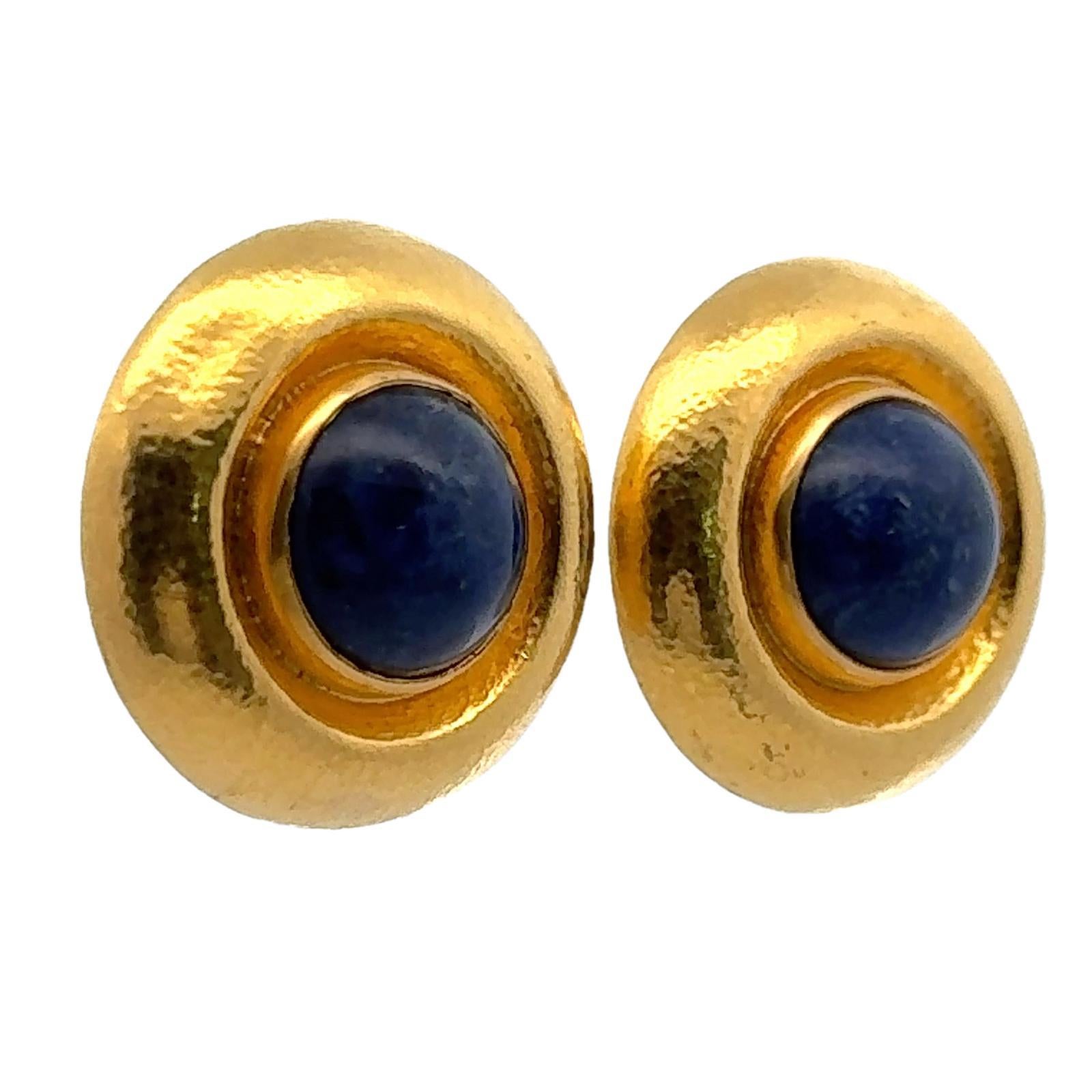 Modern Ilias Lalaounis Sodalite 18 Karat Yellow Hammered Gold Button Earclip Earrings