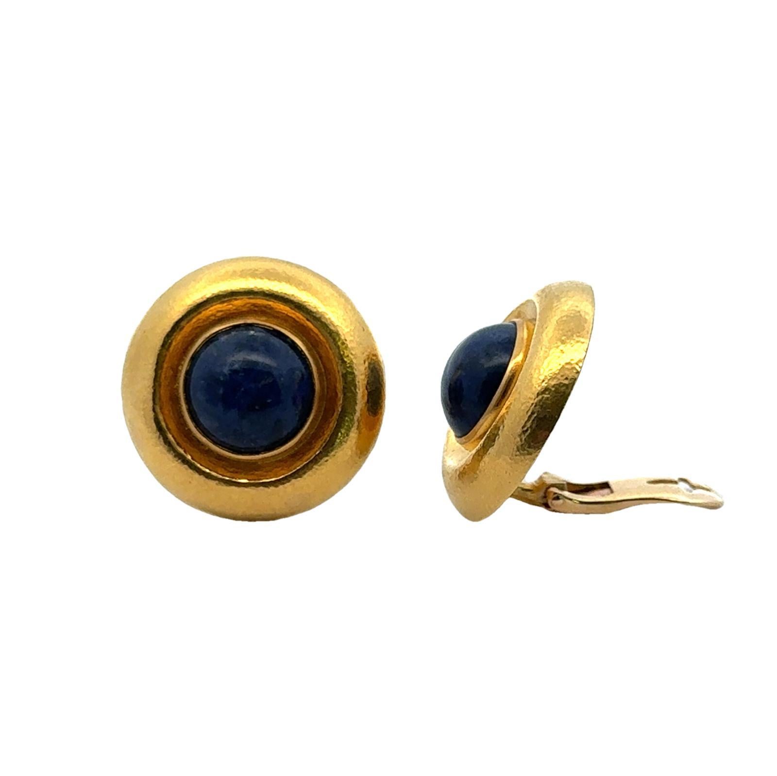 Ilias Lalaounis Sodalite 18 Karat Yellow Hammered Gold Button Earclip Earrings In Excellent Condition In Boca Raton, FL