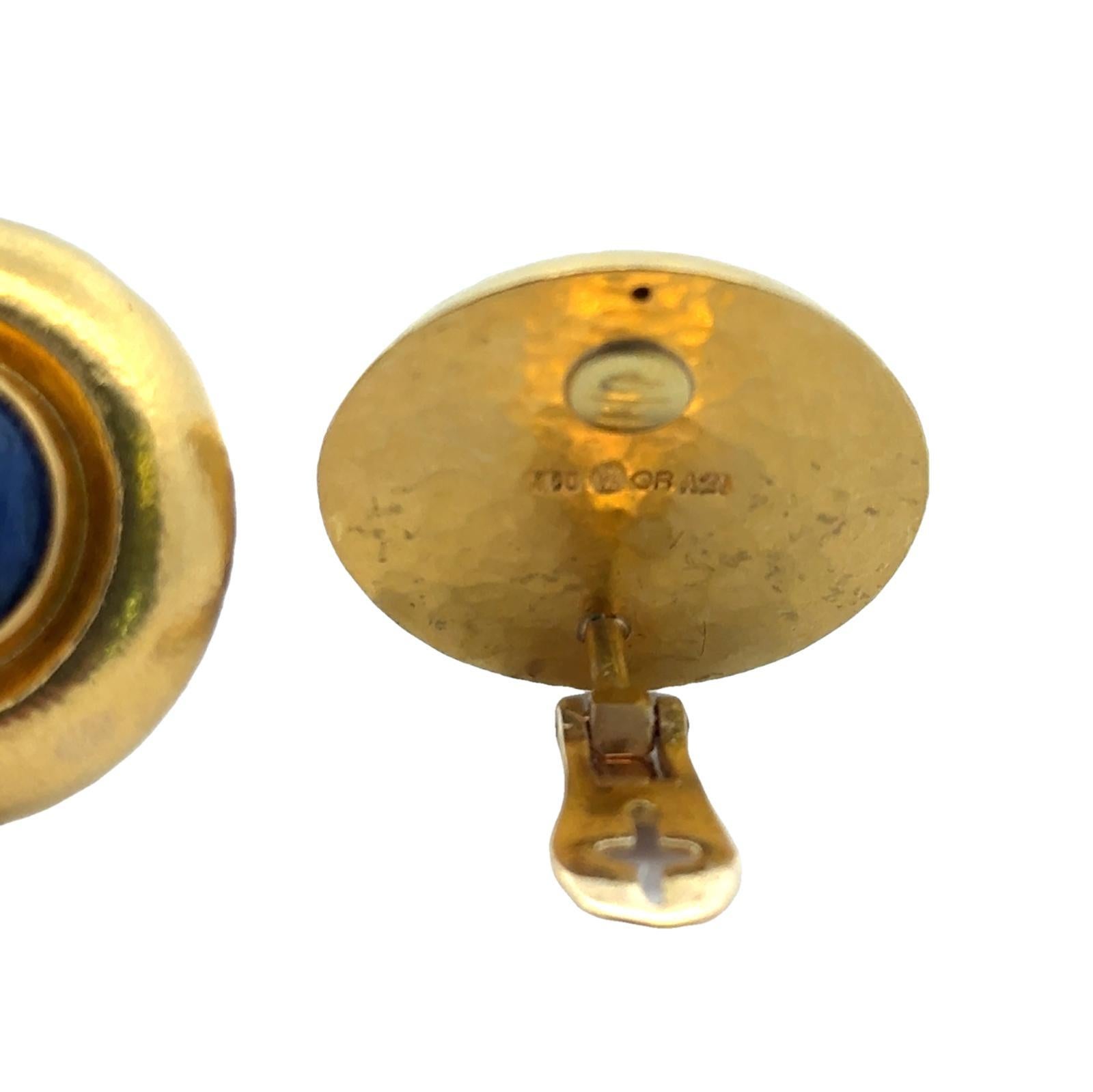 Women's Ilias Lalaounis Sodalite 18 Karat Yellow Hammered Gold Button Earclip Earrings