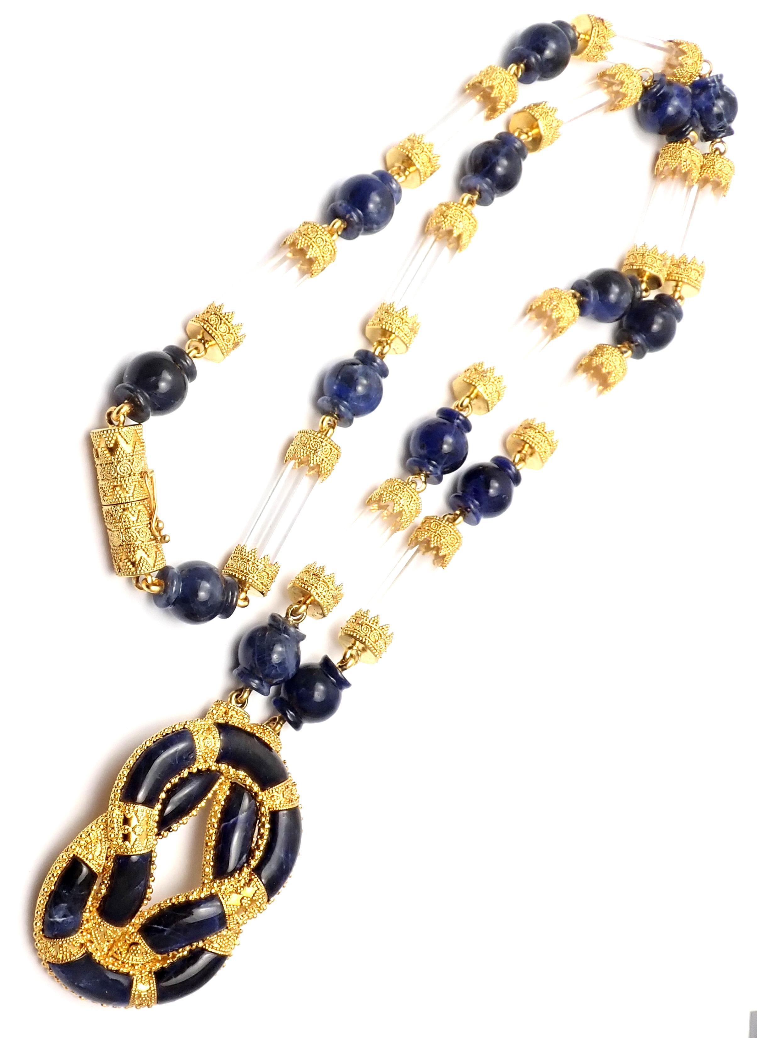 Ilias Lalaounis Sodalite Rock Crystal Hercules Knot Yellow Gold Necklace In Excellent Condition In Holland, PA