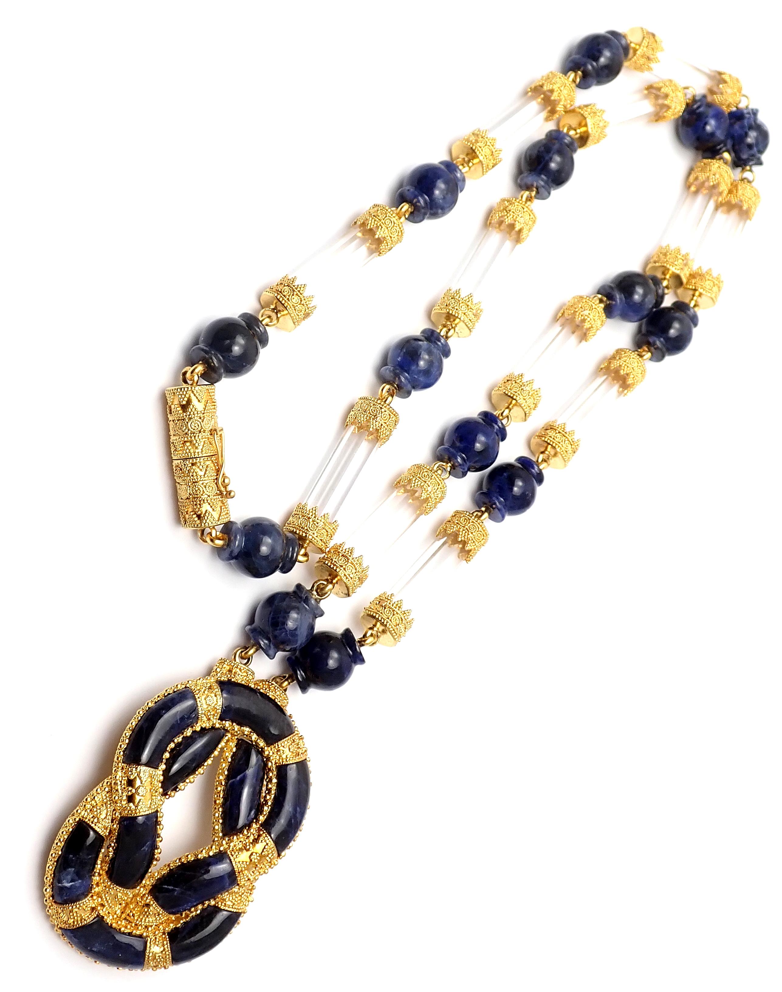 Women's or Men's Ilias Lalaounis Sodalite Rock Crystal Hercules Knot Yellow Gold Necklace