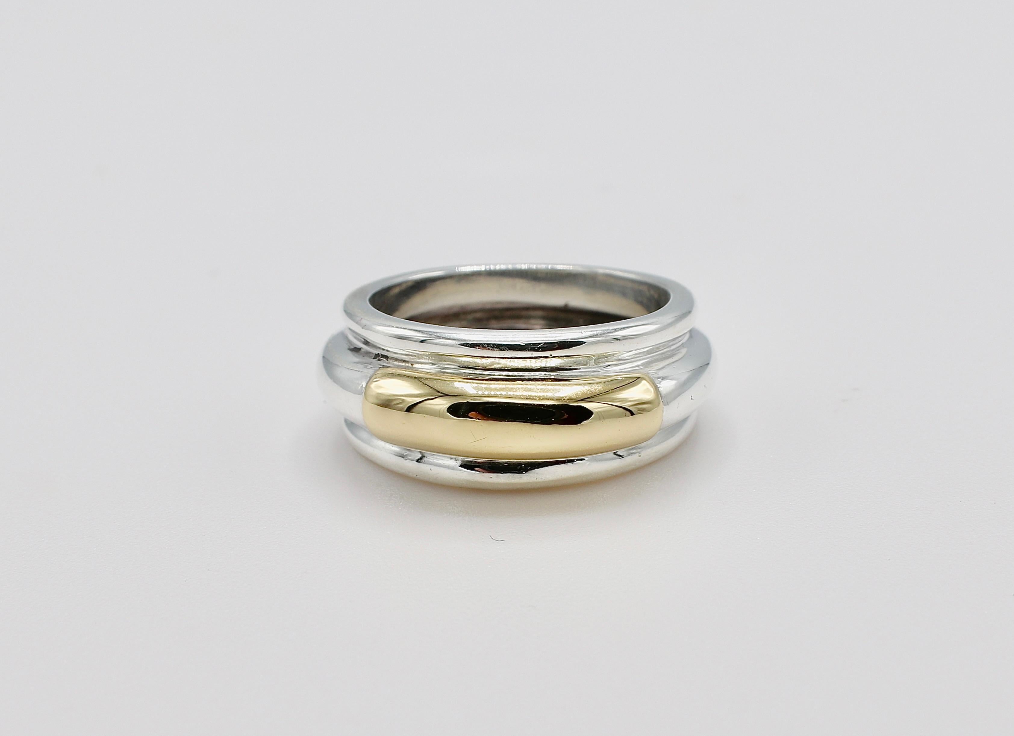 Ilias Lalaounis Sterling Silver & Gold Band Ring Size 6

Metal: Sterling silver & 18k gold
Weight: 6.89 grams
Width: 5.5 - 8.5mm
Size: 6 (US)