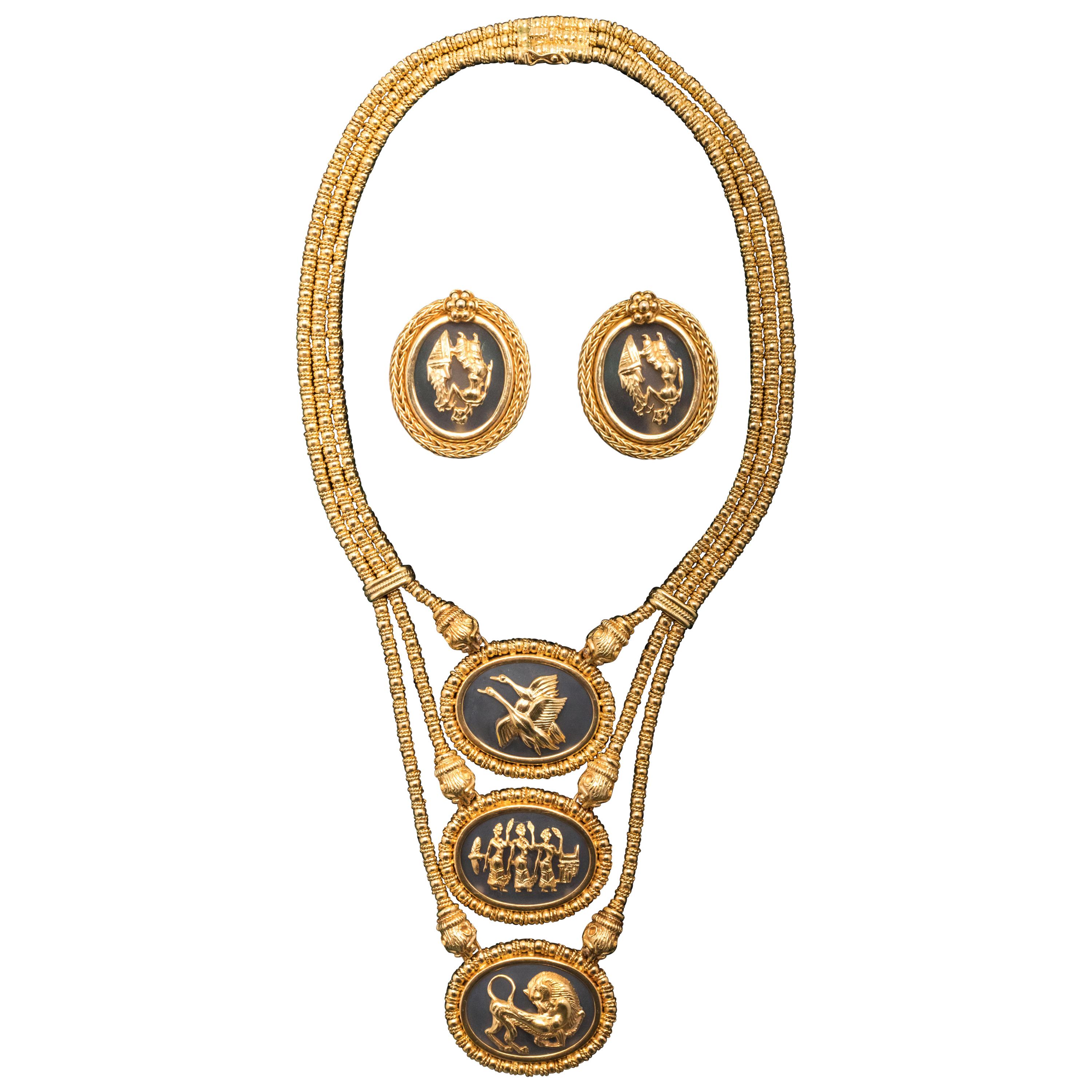 Ilias Lalaounis Triple Stranded Necklace with Three Medallions and Earrings For Sale