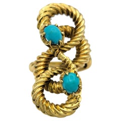 Ilias Lalaounis Twisted Rope and Turquoise Cocktail Ring in 18 Karat Yellow Gold