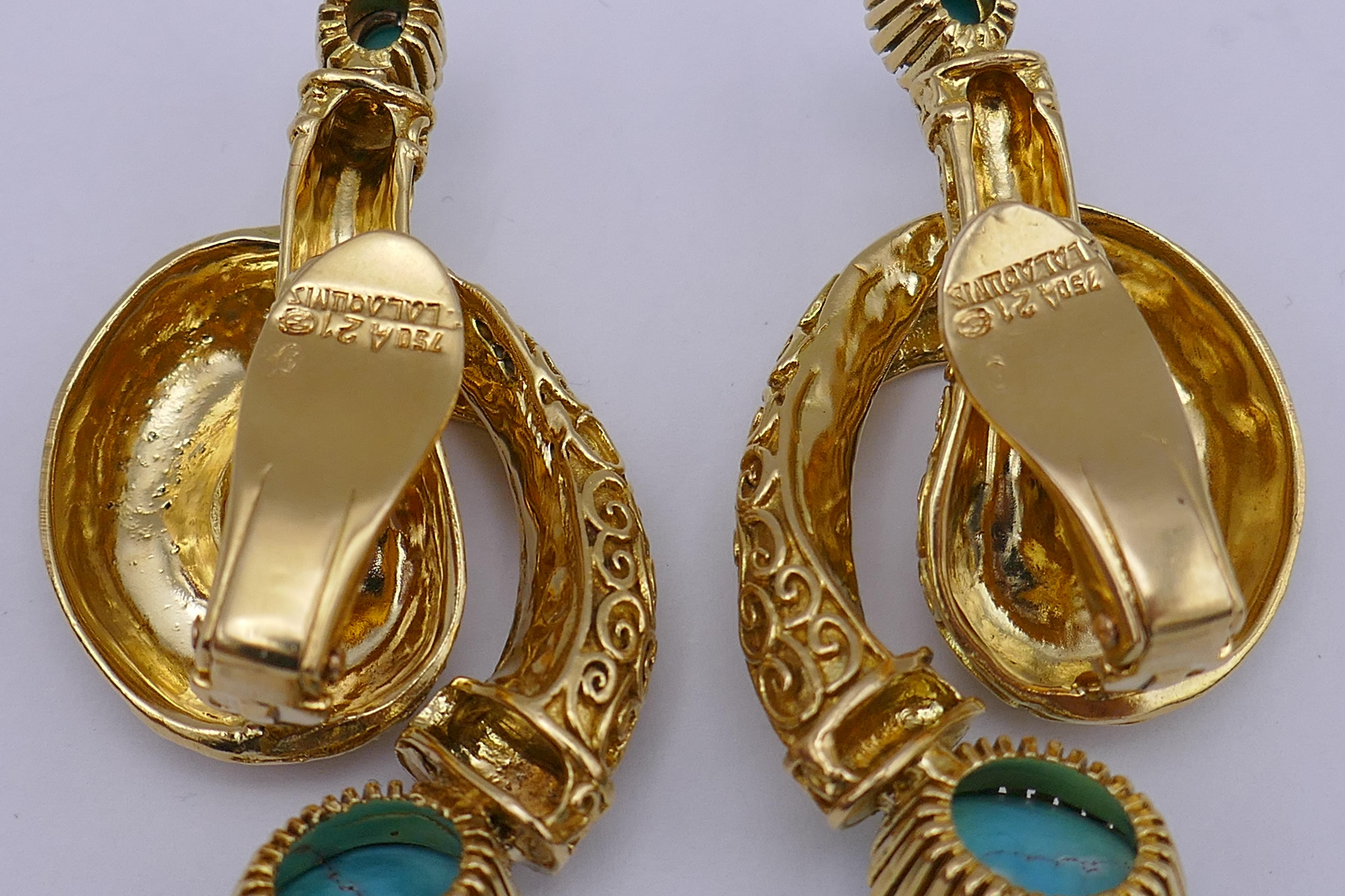 Ilias Lalaounis Vintage Cabochon Turquoise Gold Clip-On Earrings For Sale 1