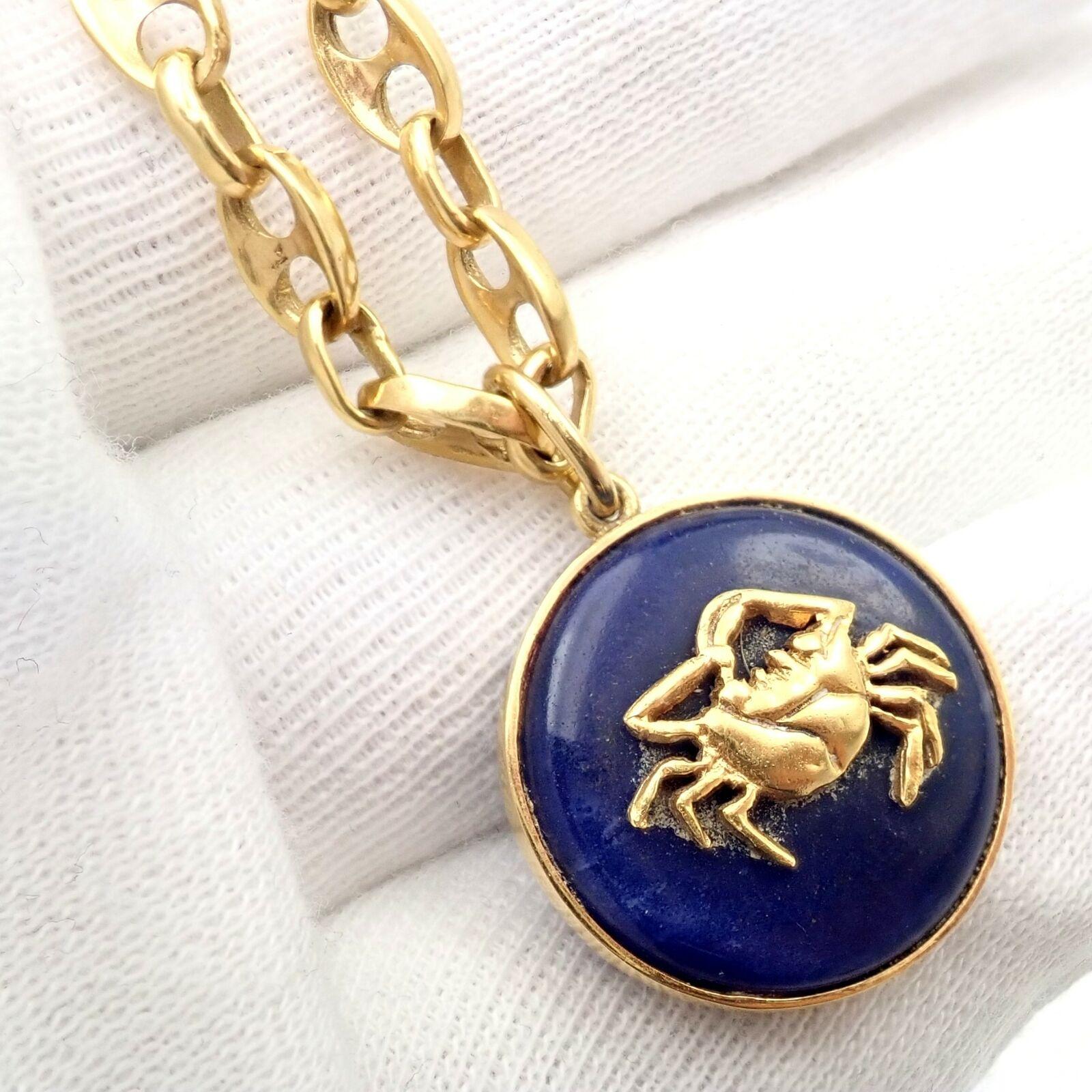 Round Cut Ilias Lalaounis Zodiac Cancer Crab Lapis Pendant Yellow Gold Chain Necklace