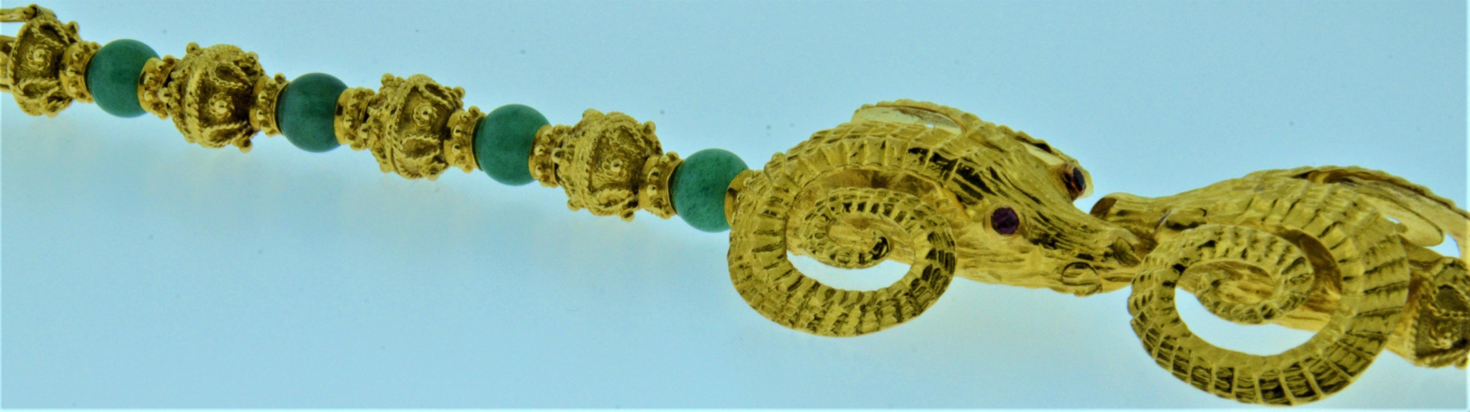 Classical Greek Ilias Lalounis Rams Head Bracelet Set with Ruby Eyes and Amazonite Beads For Sale