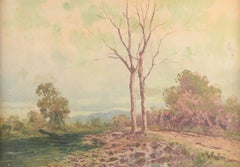 Ilio Giannaccini. Paysage de campagne avec route et conducteur de charrette. Huile sur toile.