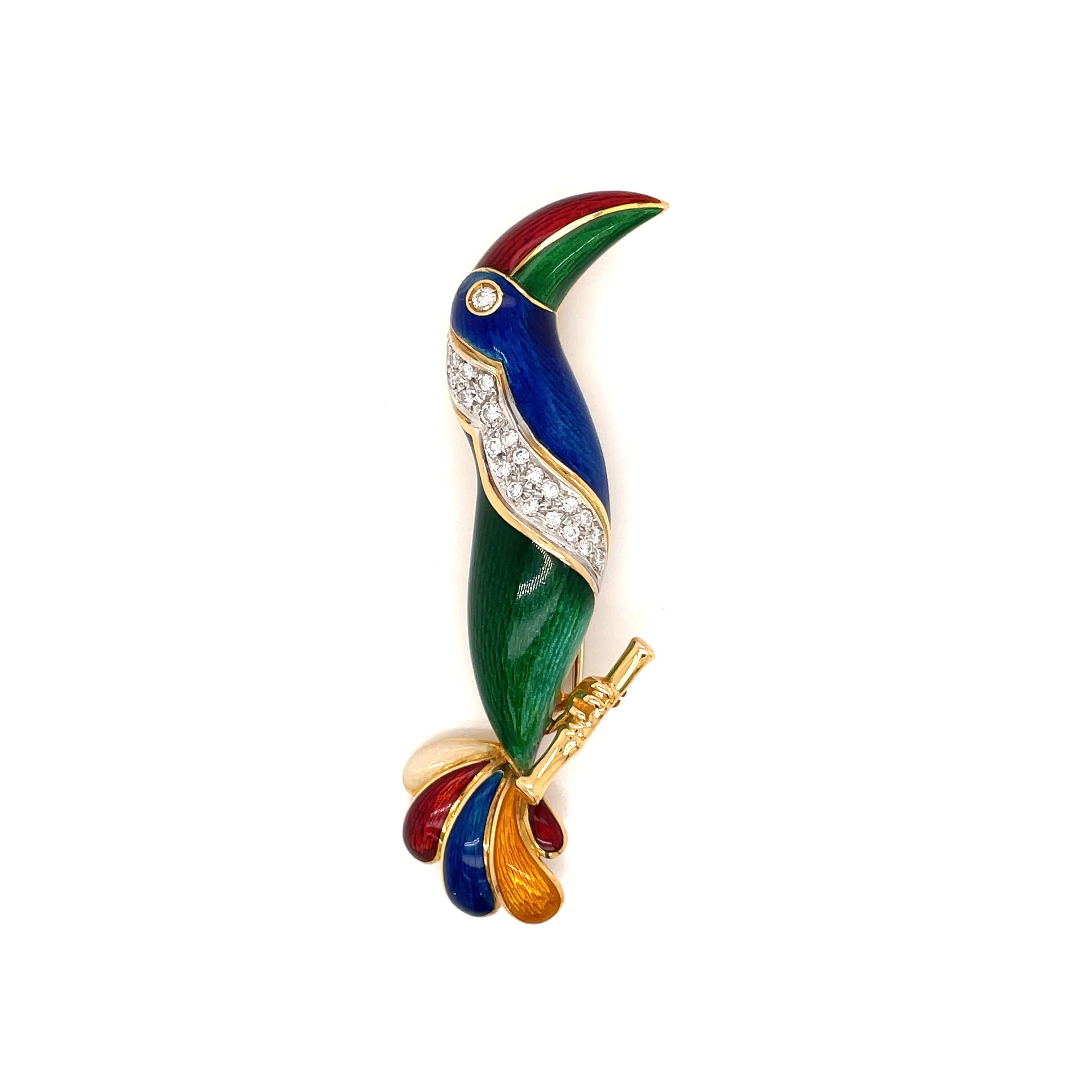 An Illario Diamond Enameled Gold Parrot Brooch. Made in Italy, circa 1970

Designed and made in Italy in solid 18k yellow and white gold by Illario in the 70's, featuring colorless round brilliant cut diamonds and fine enamels, really an excellent