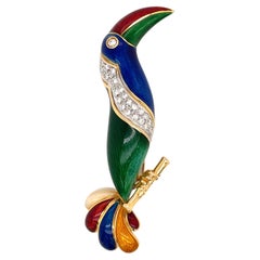 Vintage Illario Diamond Enameled Parrot Brooch