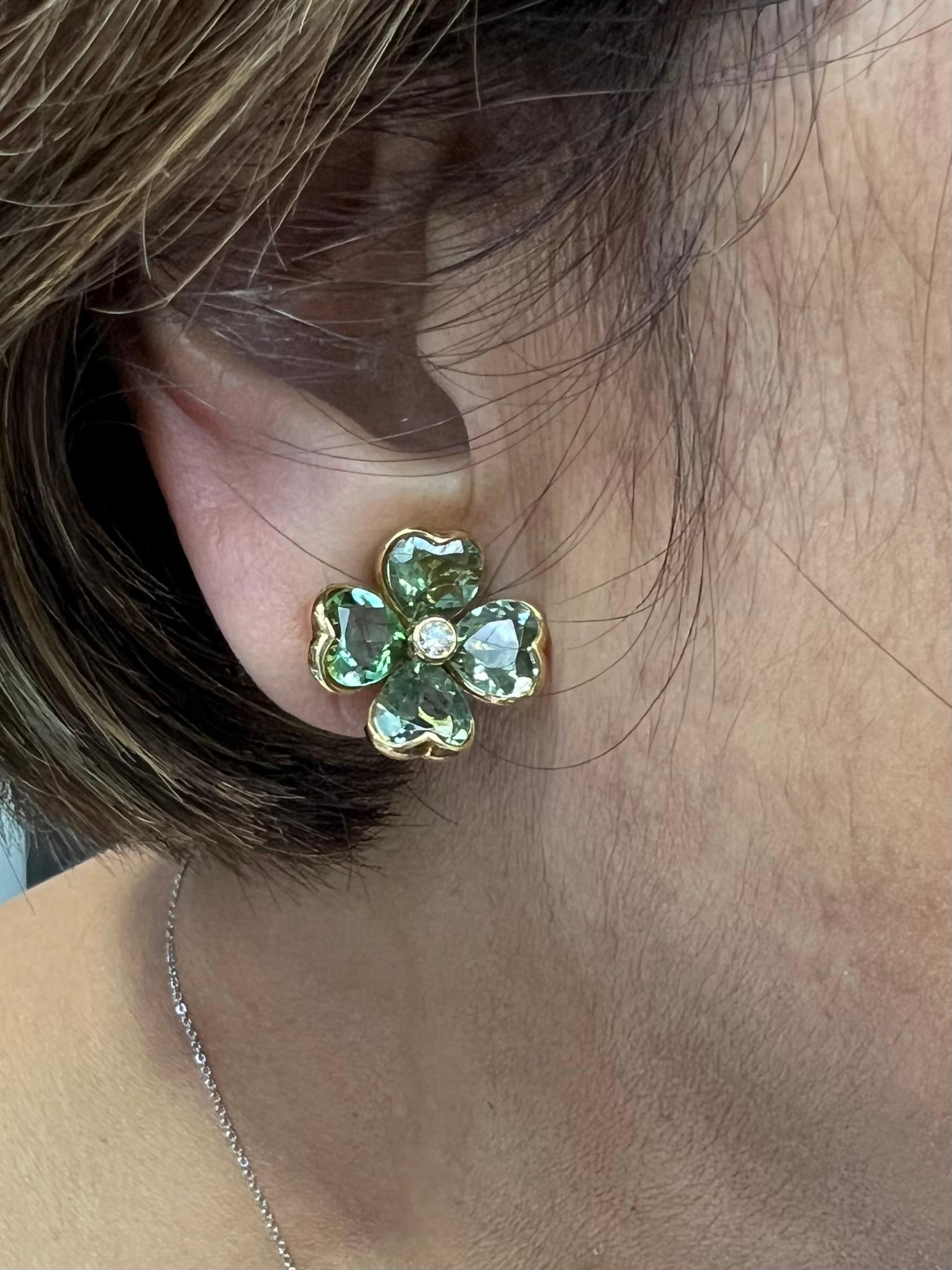 Illario Green Tourmaline Diamond Four Leaf Clover Clip On Earrings 5