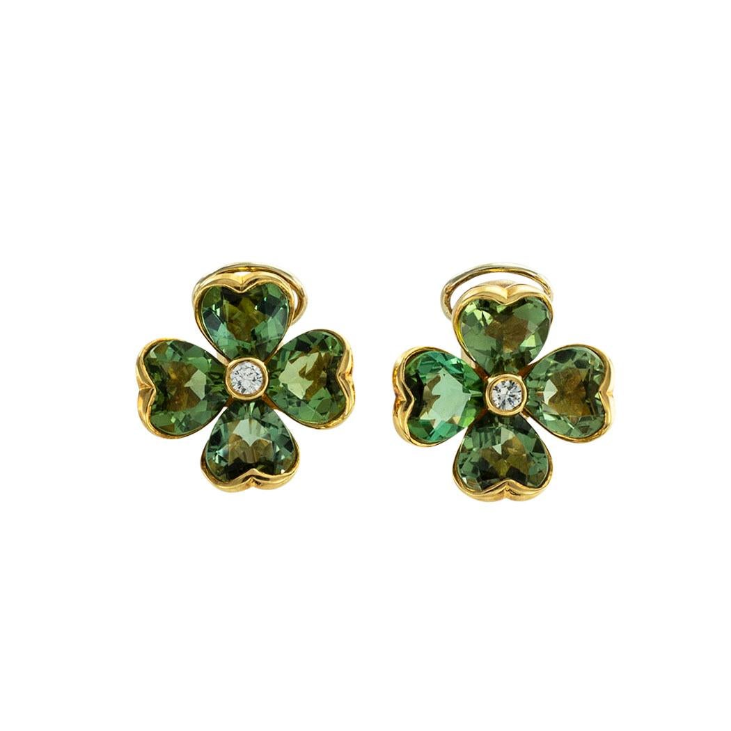 Illario Green Tourmaline Diamond Four Leaf Clover Clip On Earrings In Good Condition In Los Angeles, CA