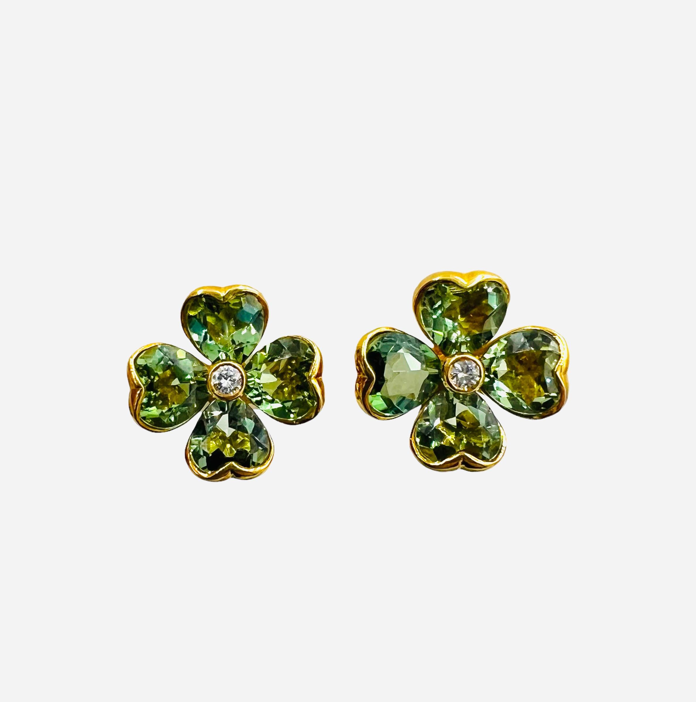 Illario Green Tourmaline Diamond Four Leaf Clover Clip On Earrings 3
