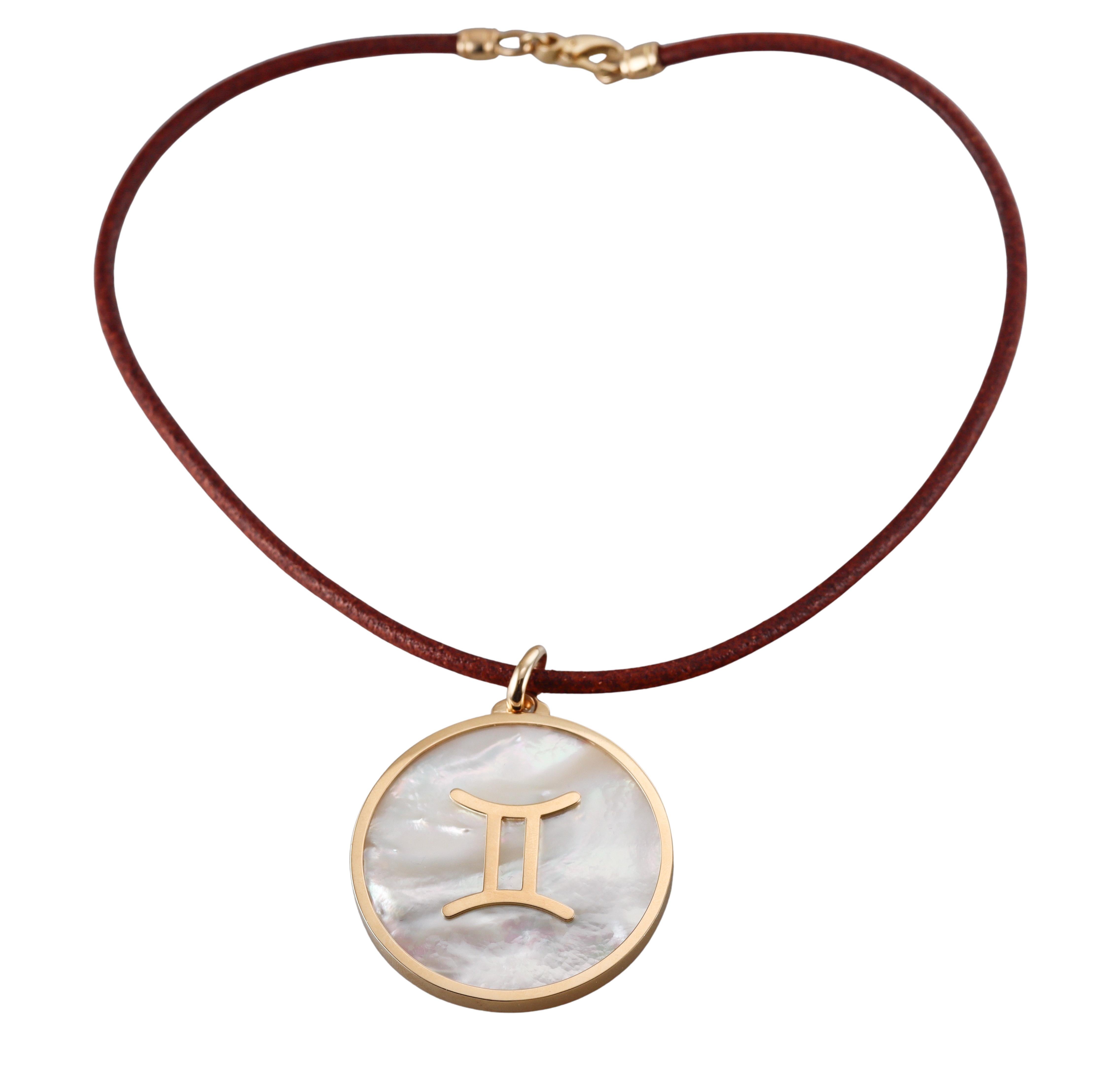 Illario Mother of Pearl Yellow Gold Gemini Zodiac Sign Pendant Leather Necklace For Sale