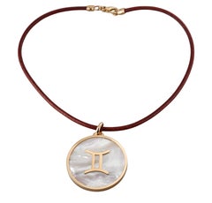 Illario Mother of Pearl Yellow Gold Gemini Zodiac Sign Pendant Leather Necklace