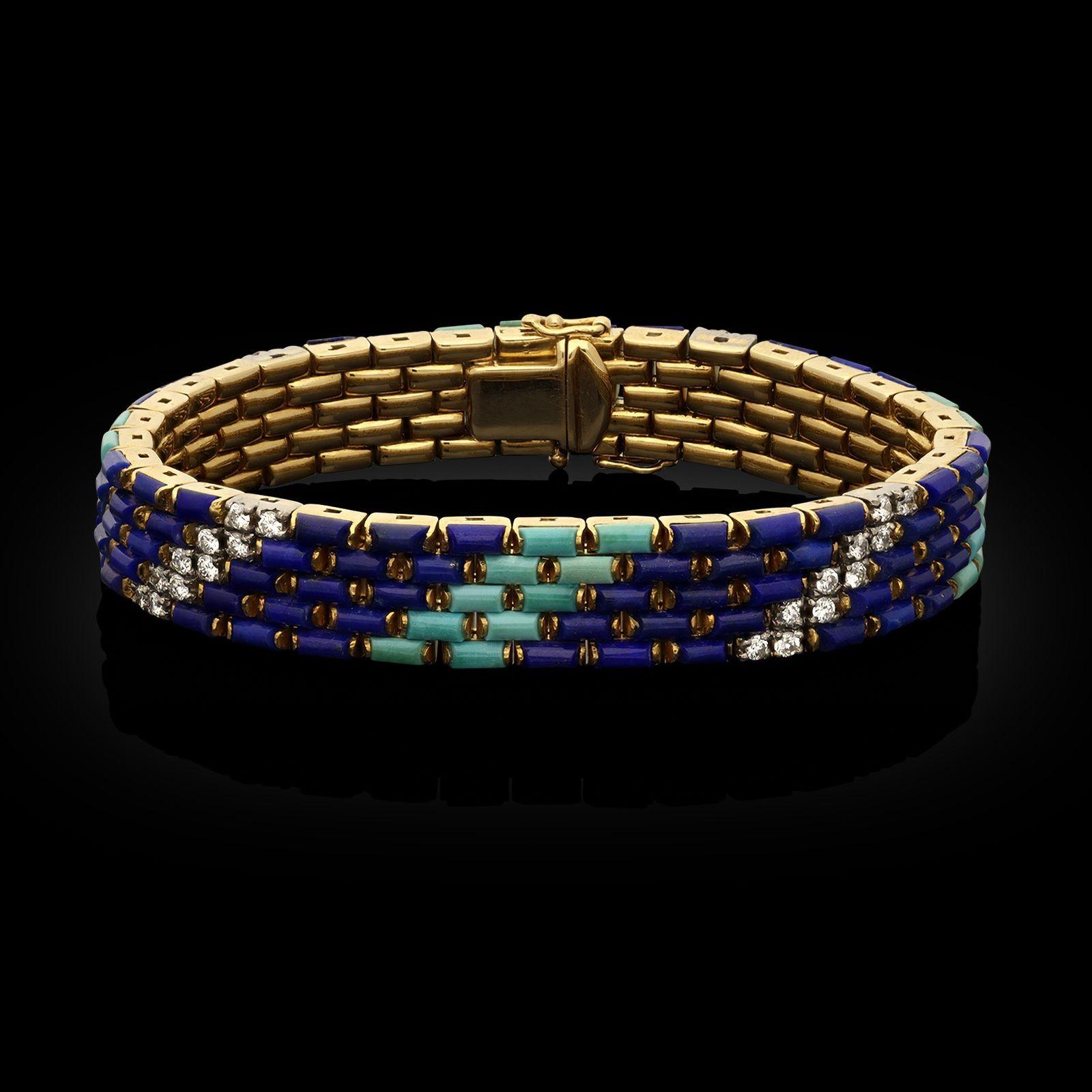 Maker:
Illario
Summary:
Vintage Diamond, Turquoise & Lapis Lazuli Link Bracelet
Description:
A vintage diamond, turquoise and lapis lazuli articulated link bracelet in 18ct yellow gold by Illario, circa 1970. The bracelet is a highly flexible yellow