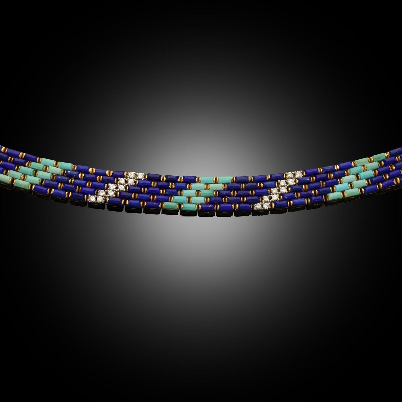 Brilliant Cut Illario Vintage Diamond, Turquoise & Lapis Lazuli Link Bracelet Circa 1970 For Sale