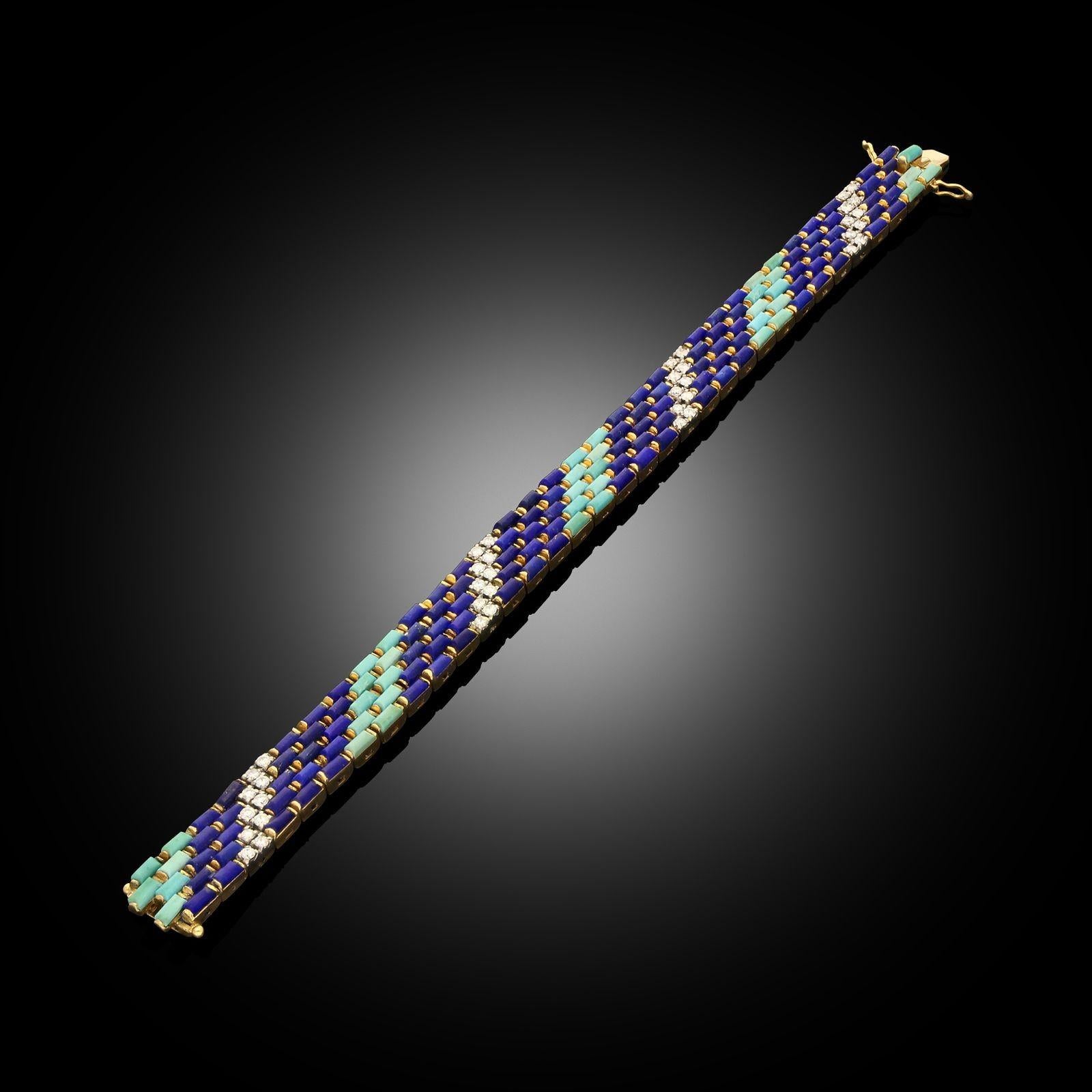 Illario Vintage Diamond, Turquoise & Lapis Lazuli Link Bracelet Circa 1970 In Good Condition For Sale In London, GB