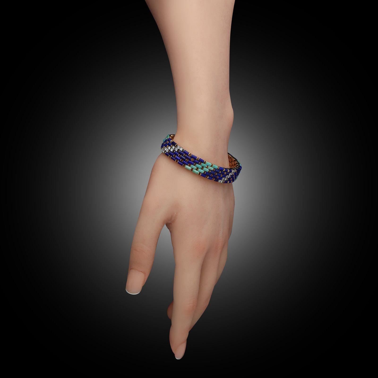 Illario Vintage Diamond, Turquoise & Lapis Lazuli Link Bracelet Circa 1970 For Sale 1