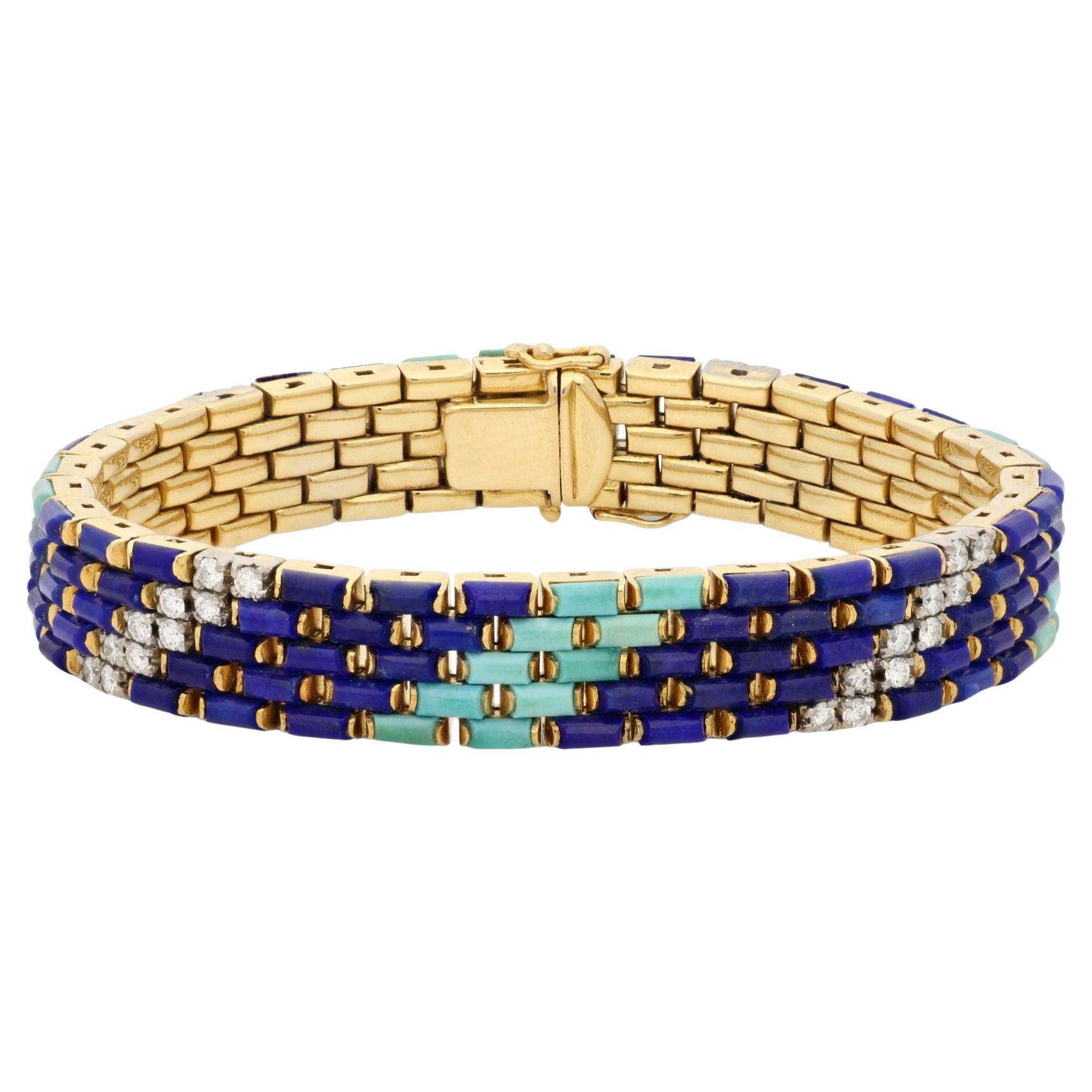 Illario Vintage Diamond, Turquoise & Lapis Lazuli Link Bracelet Circa 1970 For Sale