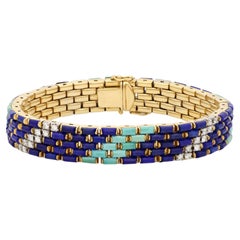 Illario Vintage Diamond, Turquoise & Lapis Lazuli Link Bracelet Circa 1970