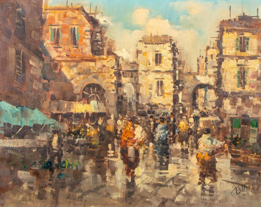 Mid-Century Modern oil painting on canvas depicting a bustling street scene on the continent, illegibly signed lower right, circa 1950s, housed in a cerused wood frame.

Dimensions: Image: 15.5