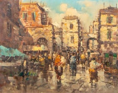 Illegibly Signed European Street Scene Oil Painting