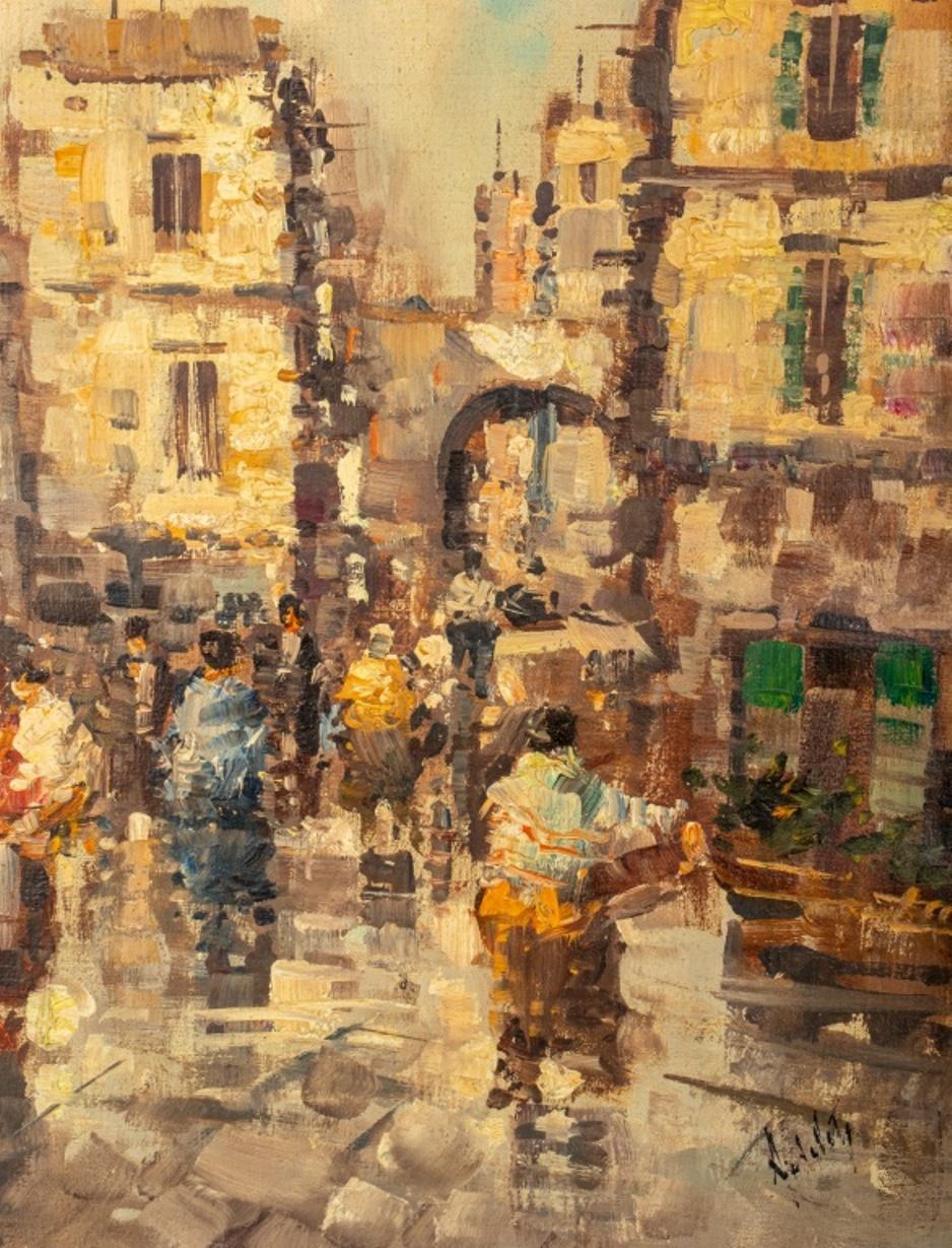 Illegibly Signed European Street Scene Oil Painting In Good Condition For Sale In New York, NY