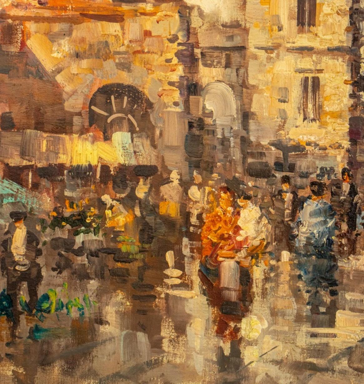 20ième siècle Peinture à l'huile d'une scène de rue européenne signée de façon illisible en vente