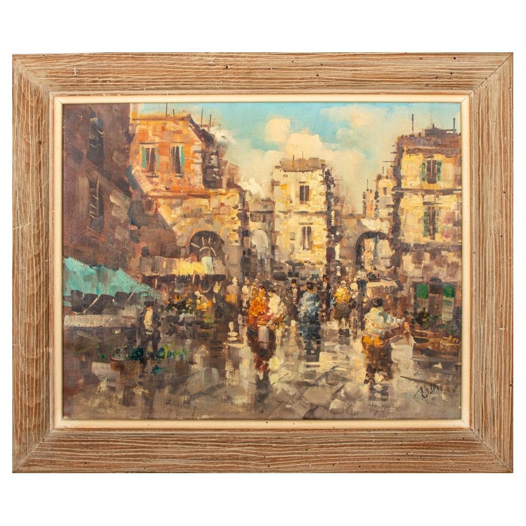 Illegibly Signed European Street Scene Oil Painting For Sale