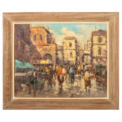 Vintage Illegibly Signed European Street Scene Oil Painting