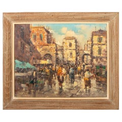 Retro Illegibly Signed European Street Scene Oil Painting