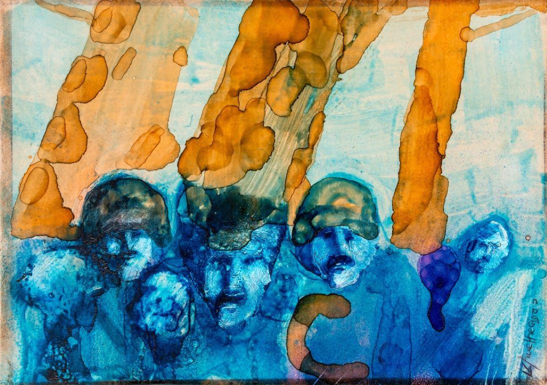 Mixed Media Ink and Acrylic on Board, 1971, illegibly signed and dated lower right, depicting five abstract faces. Provenance: From a New York City collection.