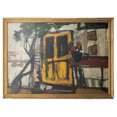 Illegibly Signed Yellow Door Oil on Paper