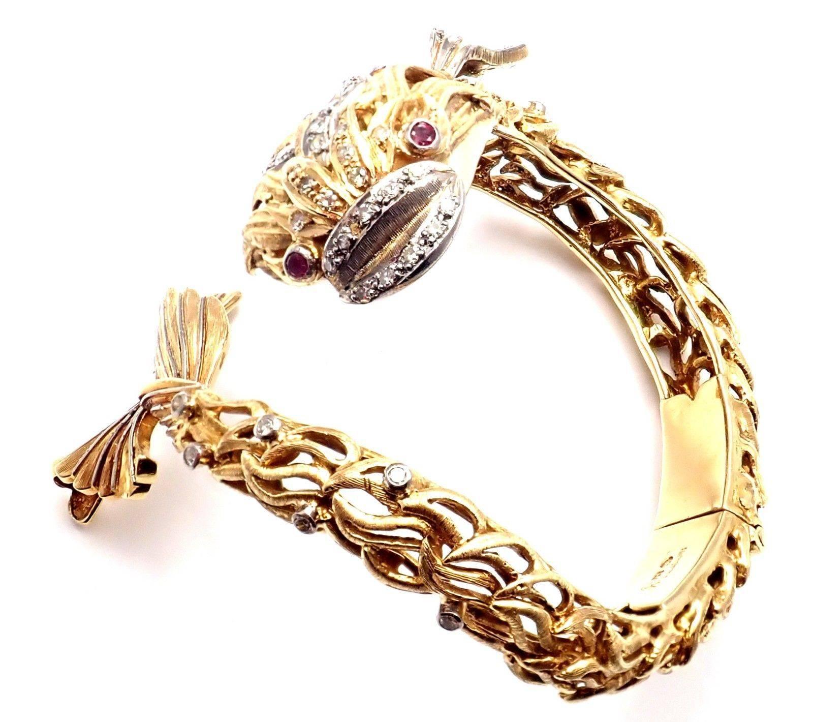 Illias Lalaounis Diamond Ruby Yellow Gold Fish Bangle Bracelet In New Condition In Holland, PA