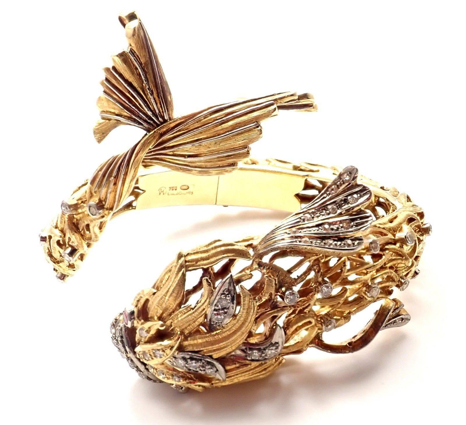 Women's or Men's Illias Lalaounis Diamond Ruby Yellow Gold Fish Bangle Bracelet