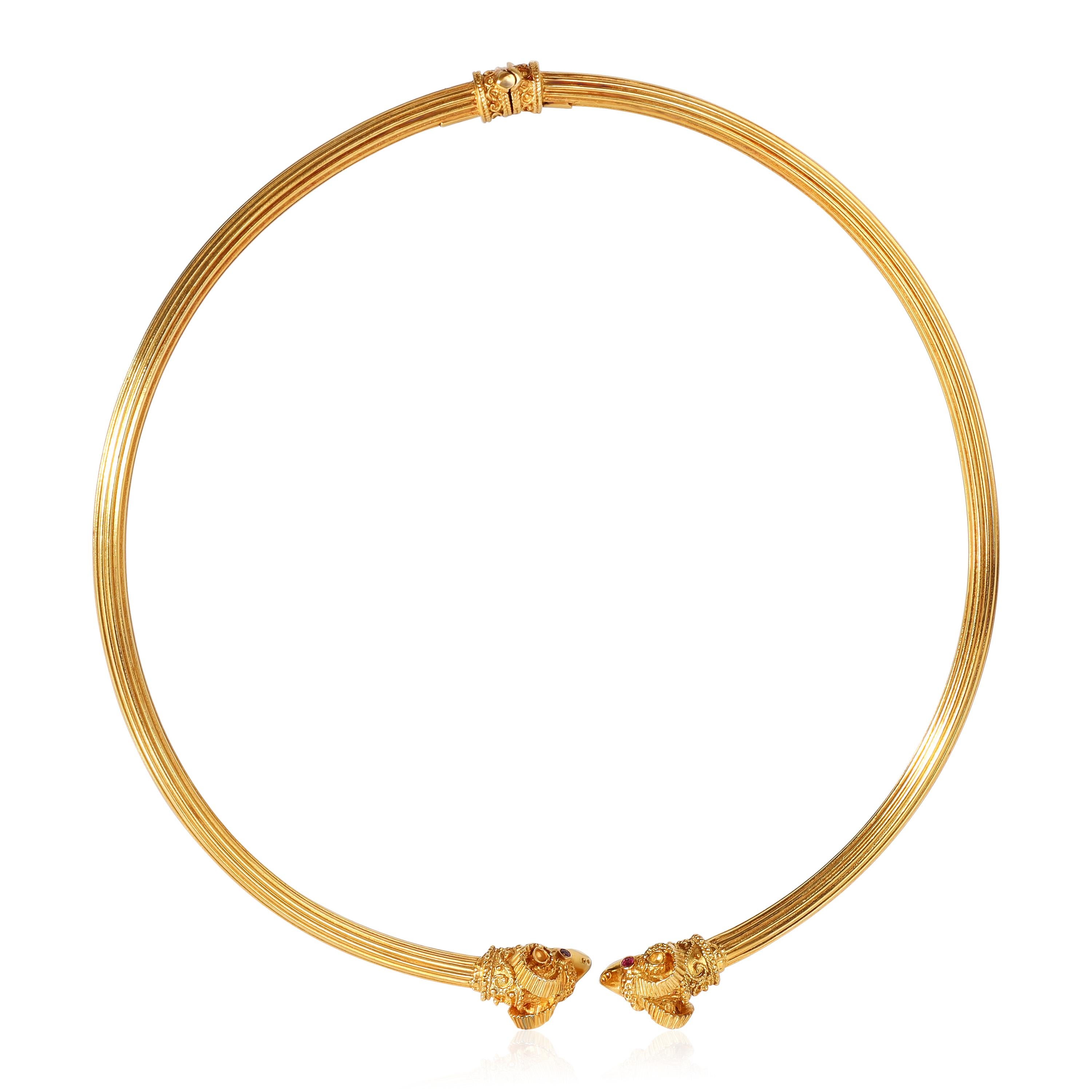 Illias Lalaounis Rams Head Collar Necklace with Ruby Eyes in 18K Yellow Gold In Excellent Condition In New York, NY
