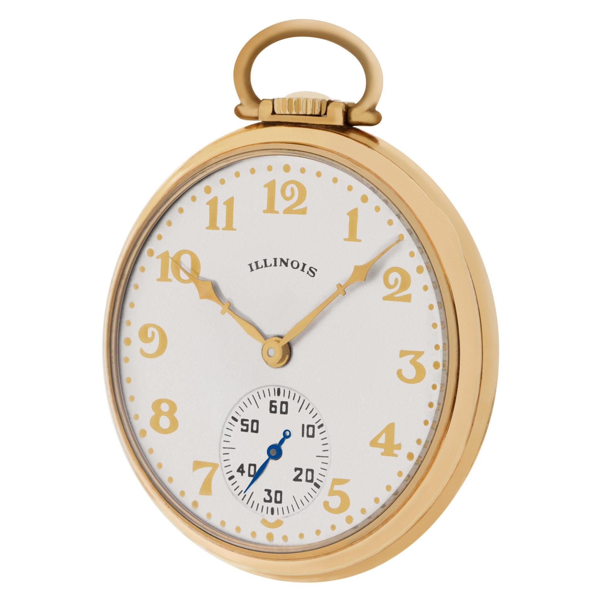 Gents Illinois pocket watch in 10k. Manual. Ref 4742166. Fine Pre-owned Illinois Watch.

Certified preowned Vintage Illinois pocket watch watch. This Illinois watch has a 43.2 mm case with a Round caseback and Ivory Number dial. It is Certified