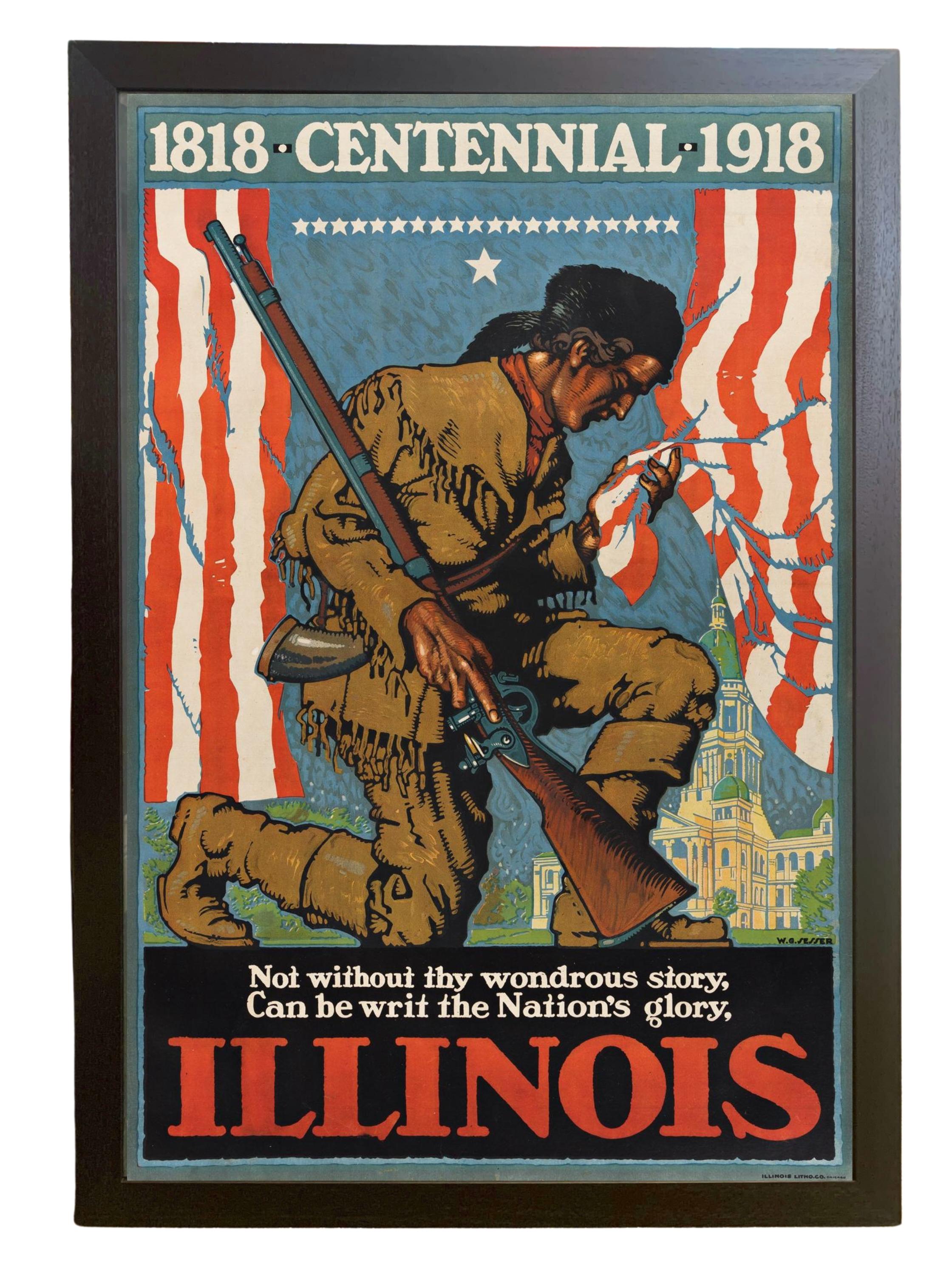 Präsentiert wird ein sehr seltenes und sammelwürdiges Plakat zur Hundertjahrfeier von Illinois 1918 von Willy Sesser. Das Poster wird hier angeboten  in seiner größten Ausgabegröße, vollfarbig gedruckt. Das Plakat wurde von Illinois Litho gedruckt.
